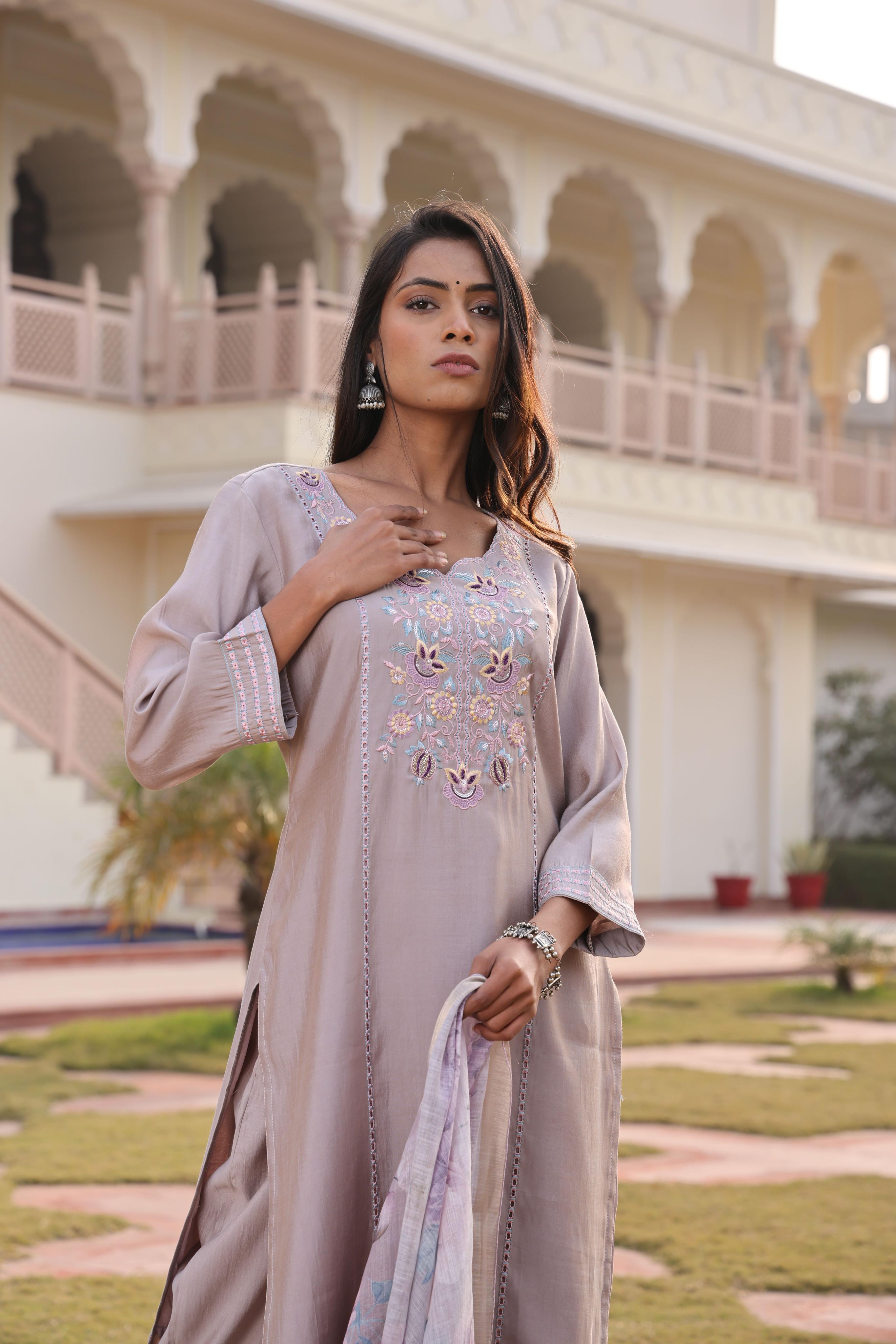 Beige Cotton Silk Embroidered Readymade Suit
