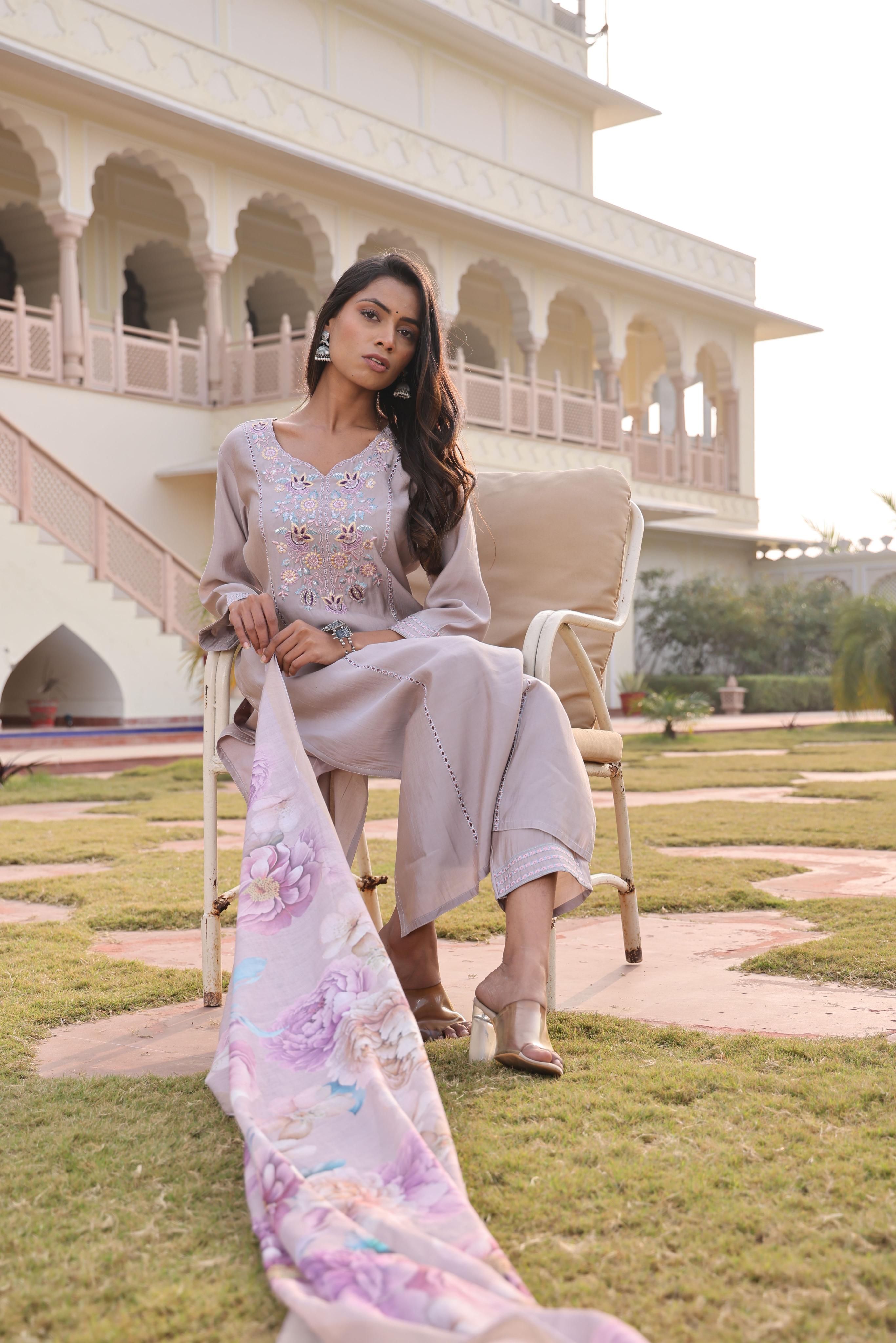 Beige Cotton Silk Embroidered Readymade Suit