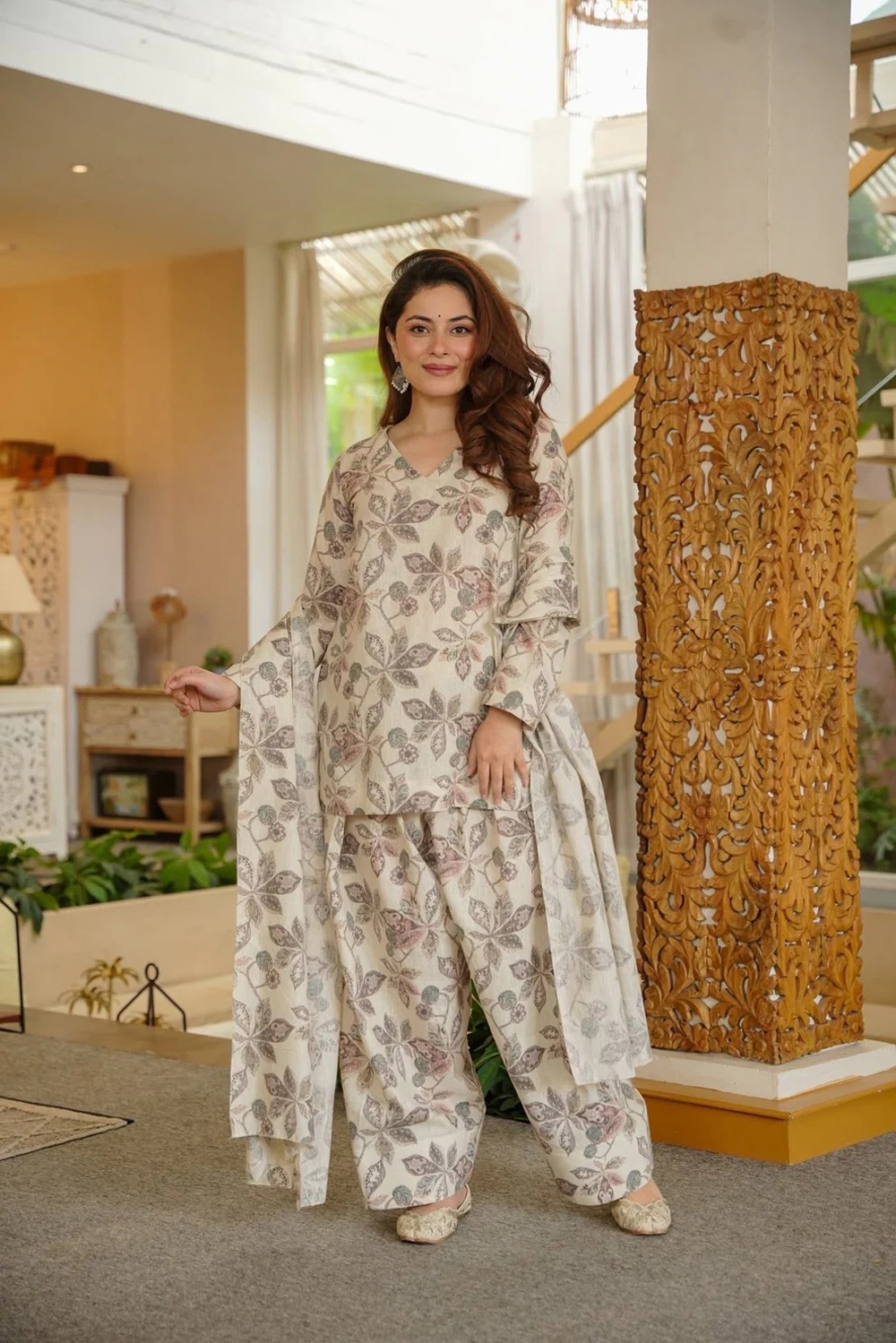 Beige Cotton Silk Floral Printed Palazzo Suit