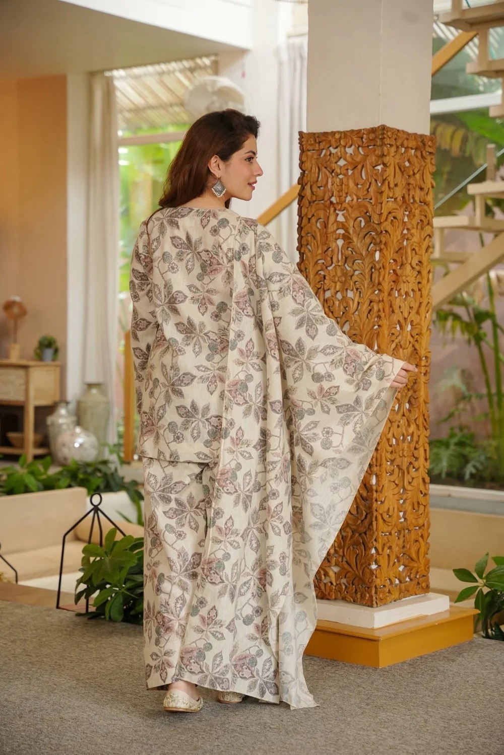 Beige Cotton Silk Floral Printed Palazzo Suit — alternate view