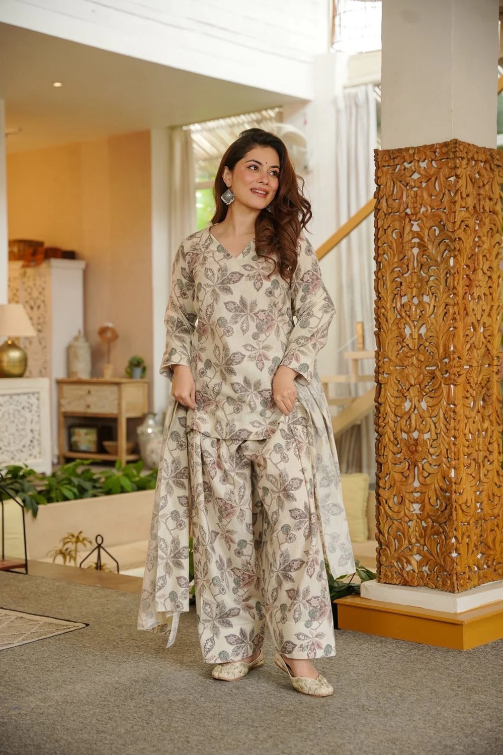 Beige Cotton Silk Floral Printed Palazzo Suit