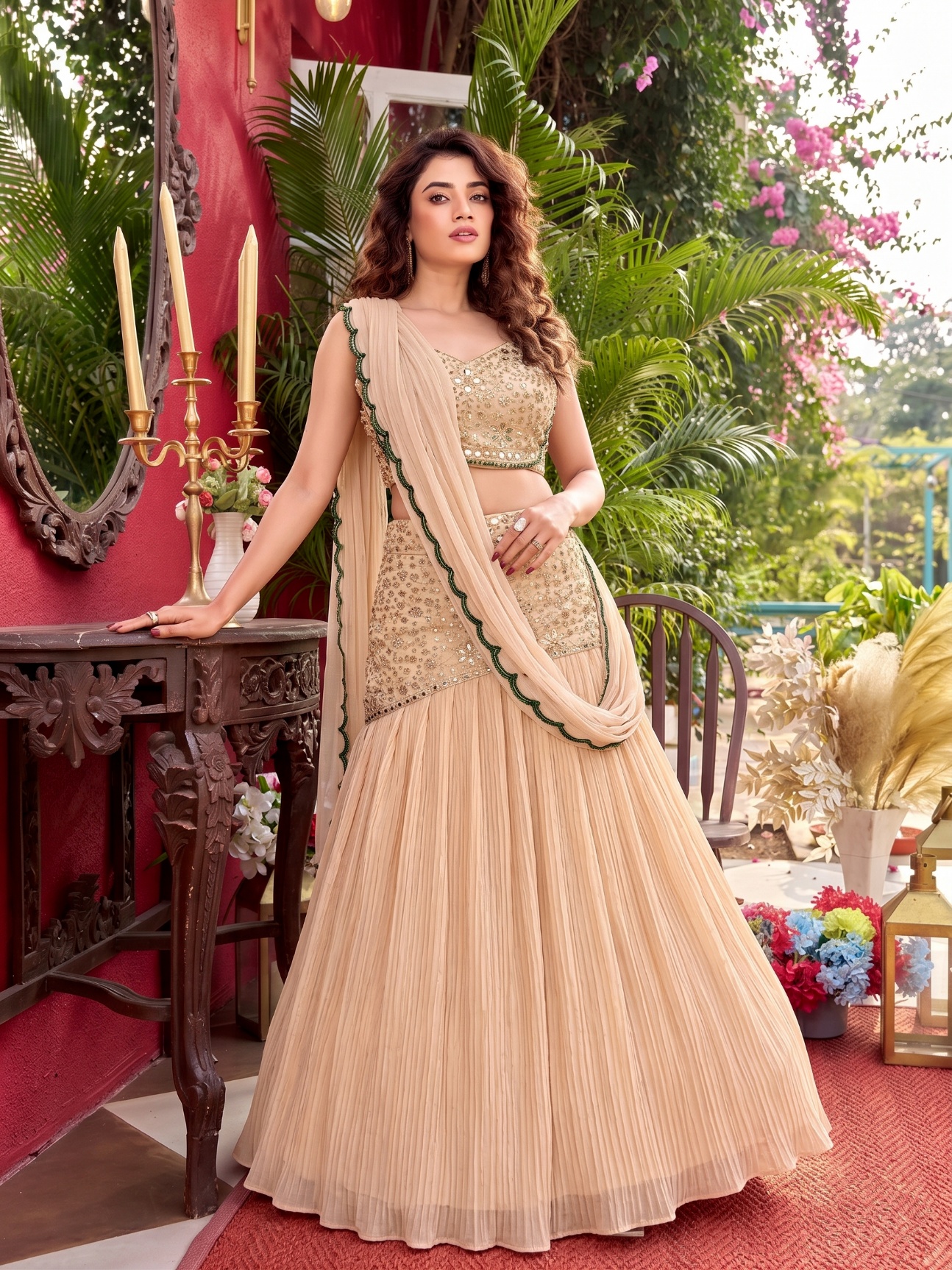 Beige Crushed Mirror Work Faux Georgette Ready-to-Wear Saree