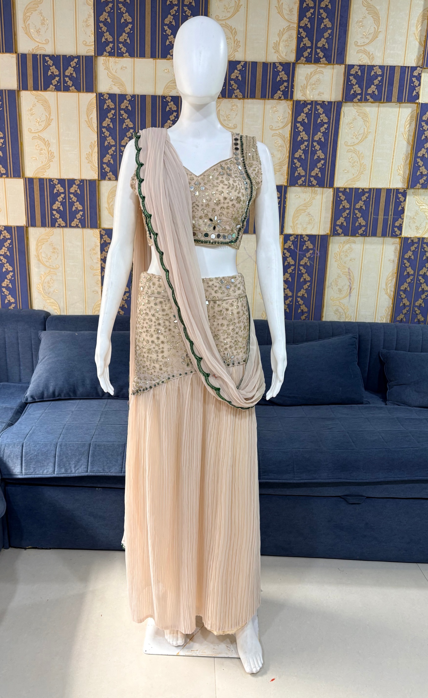 Beige Crushed Mirror Work Faux Georgette Ready-to-Wear Saree
