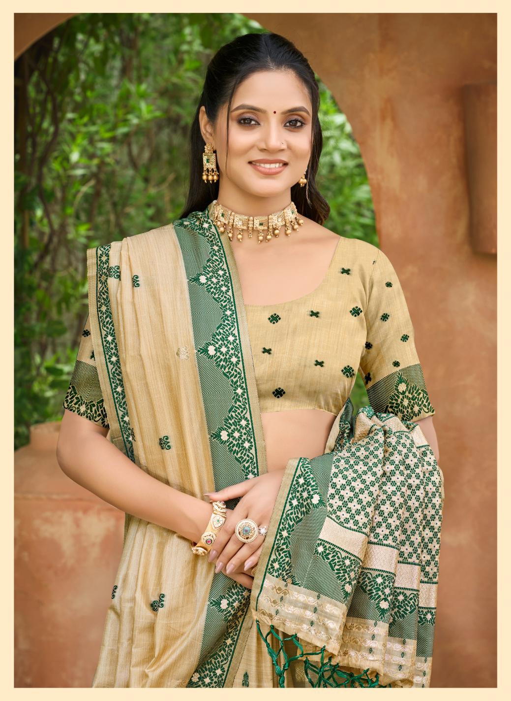 Beige Dark Green Woven Assam Silk Saree — alternate view
