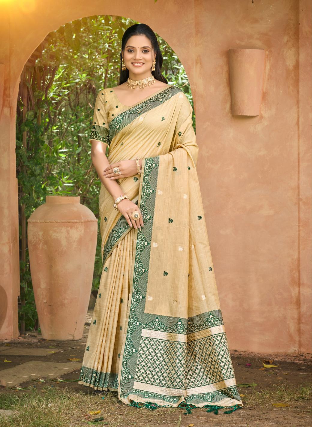 Beige Dark Green Woven Assam Silk Saree