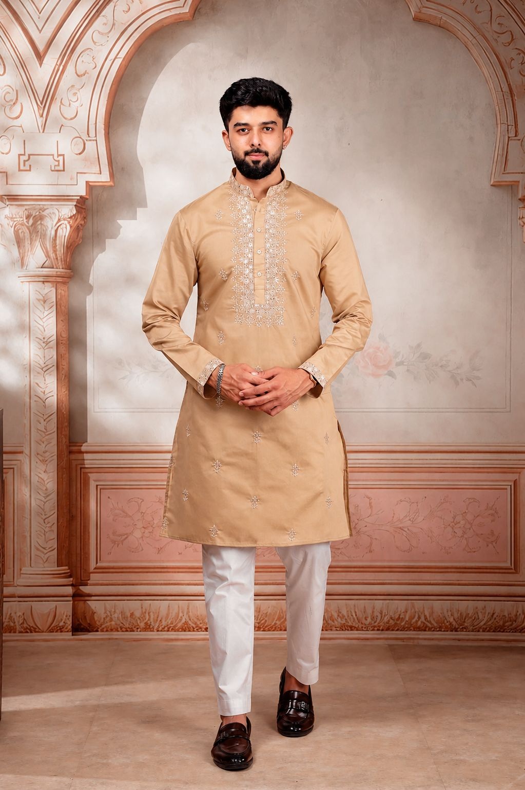 Beige Designer Embroidery Cotton Kurta Pyjama