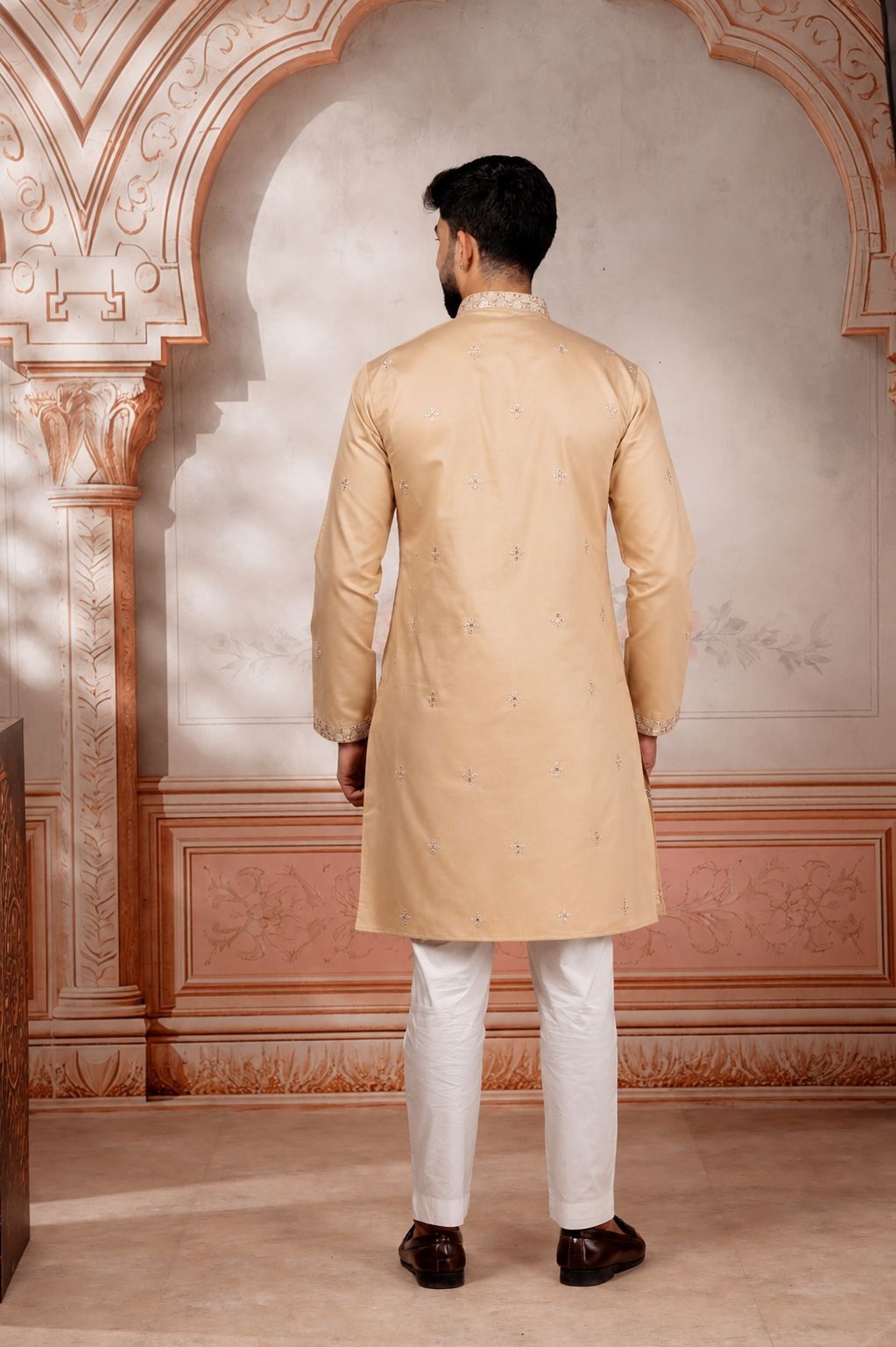 Beige Designer Embroidery Cotton Kurta Pyjama — alternate view