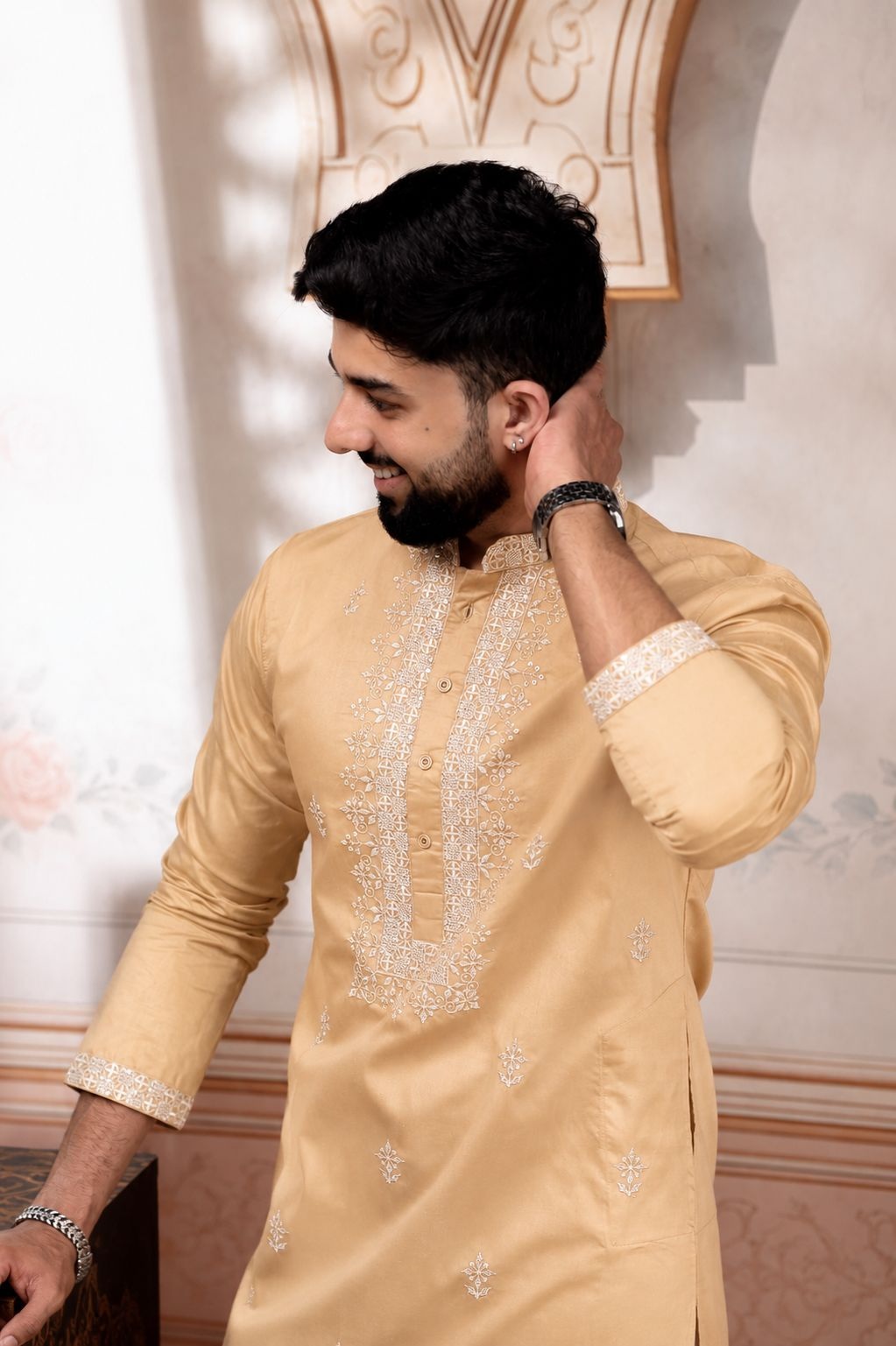 Beige Designer Embroidery Cotton Kurta Pyjama