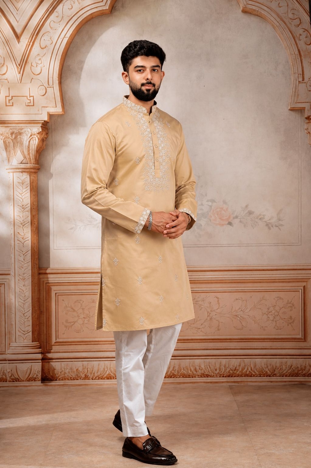 Beige Designer Embroidery Cotton Kurta Pyjama