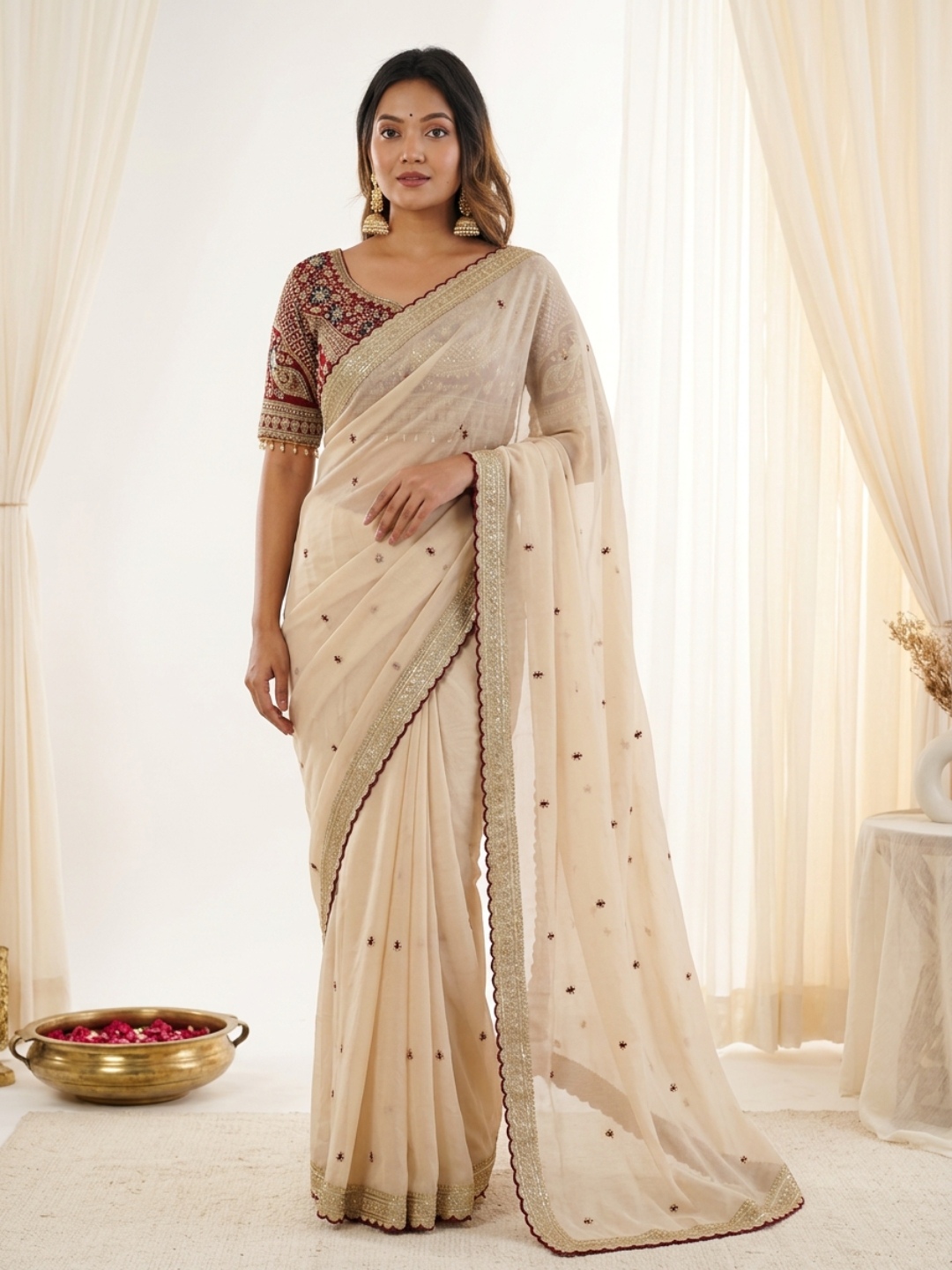 Beige Designer Embroidery Rangoli Silk Saree