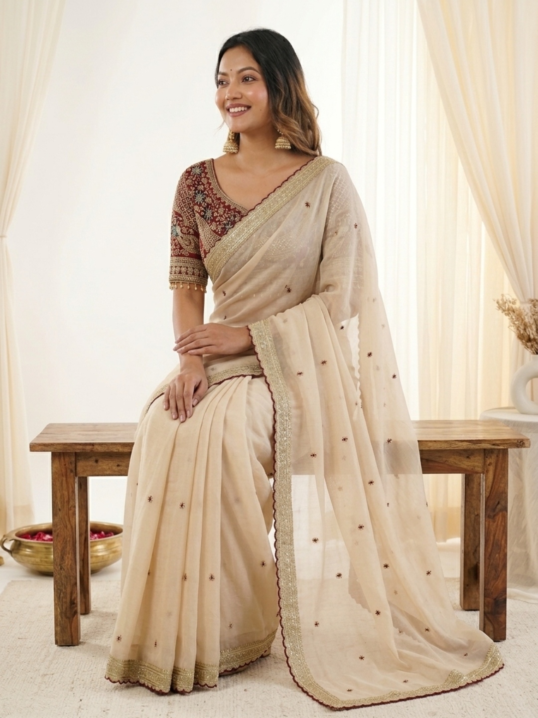 Beige Designer Embroidery Rangoli Silk Saree — alternate view