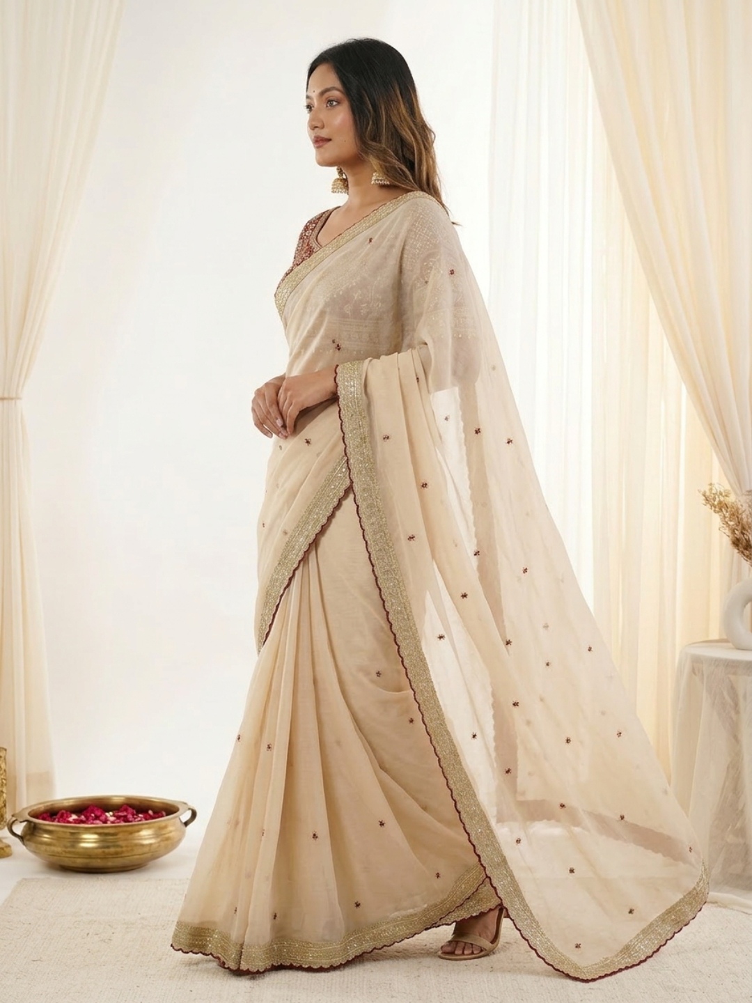 Beige Designer Embroidery Rangoli Silk Saree