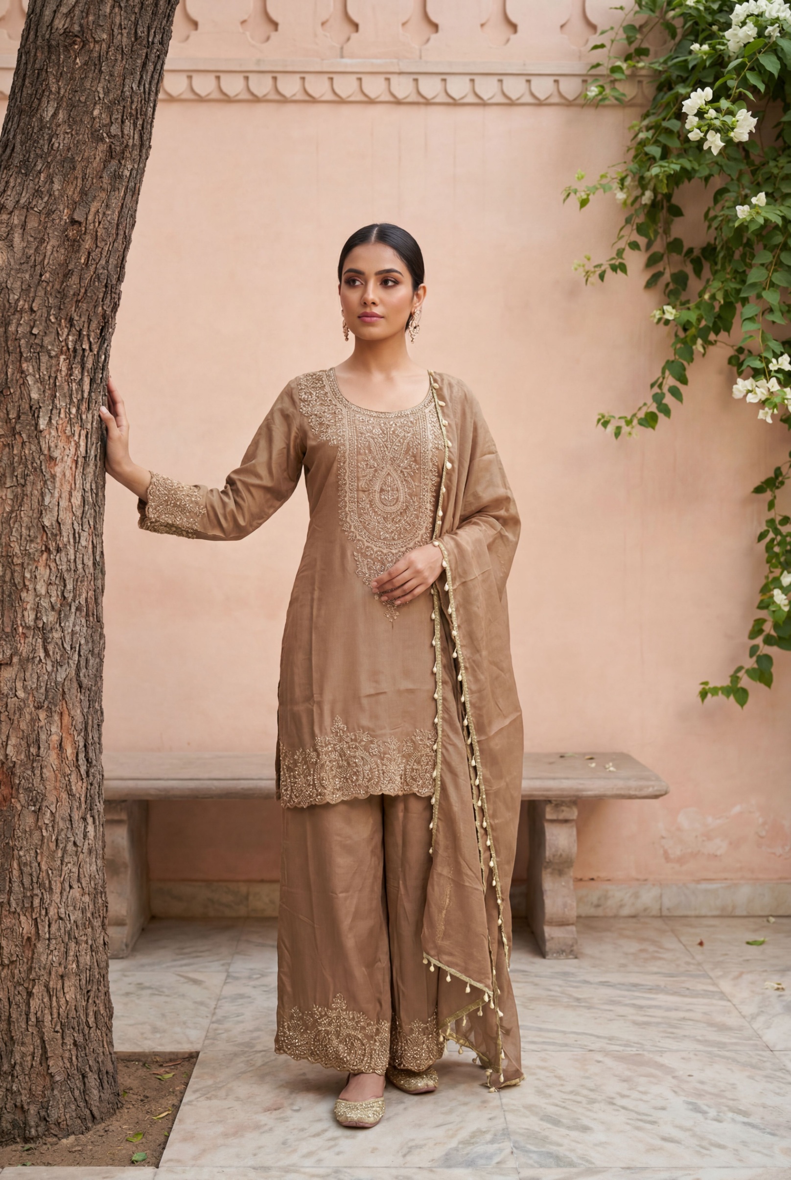 Beige Designer Embroidery Shimmer Tissue Palazzo Suit