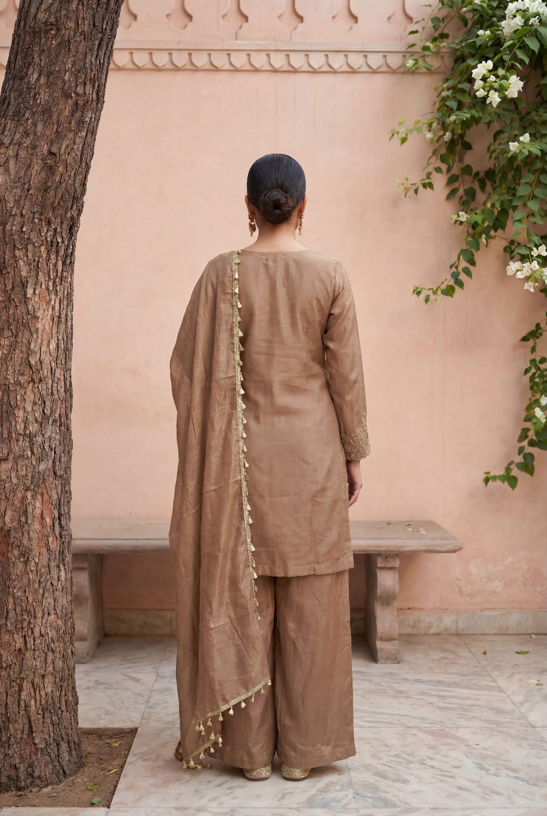 Beige Designer Embroidery Shimmer Tissue Palazzo Suit — alternate view