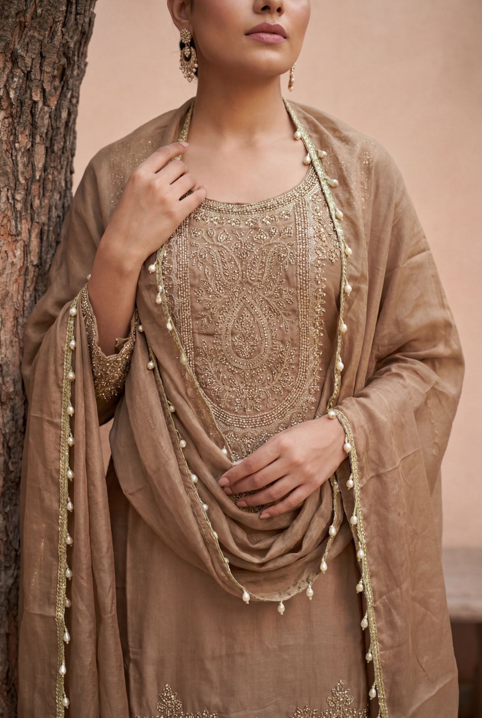 Beige Designer Embroidery Shimmer Tissue Palazzo Suit