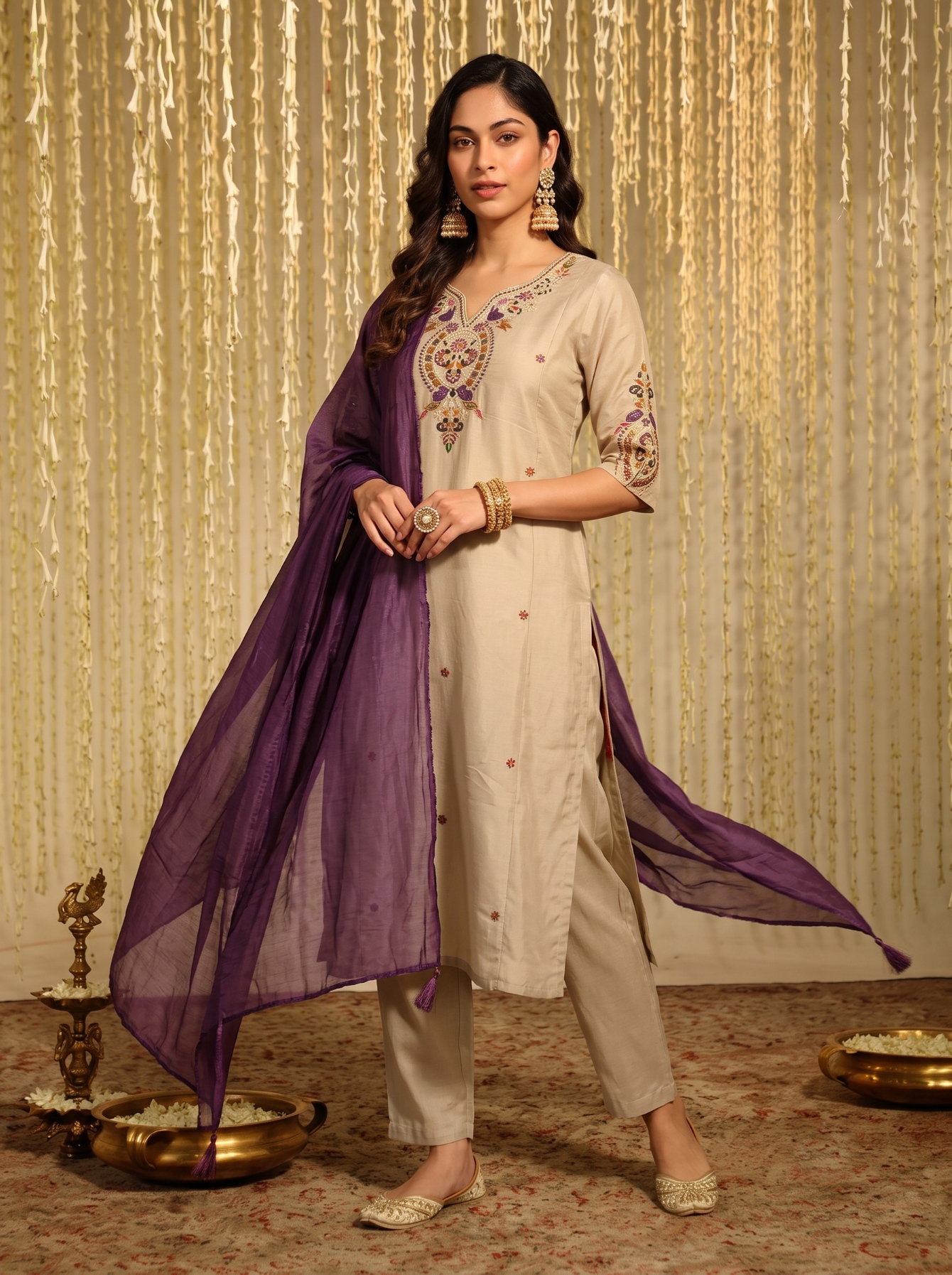 Beige Designer Embroidery Work Chanderi Straight Suit