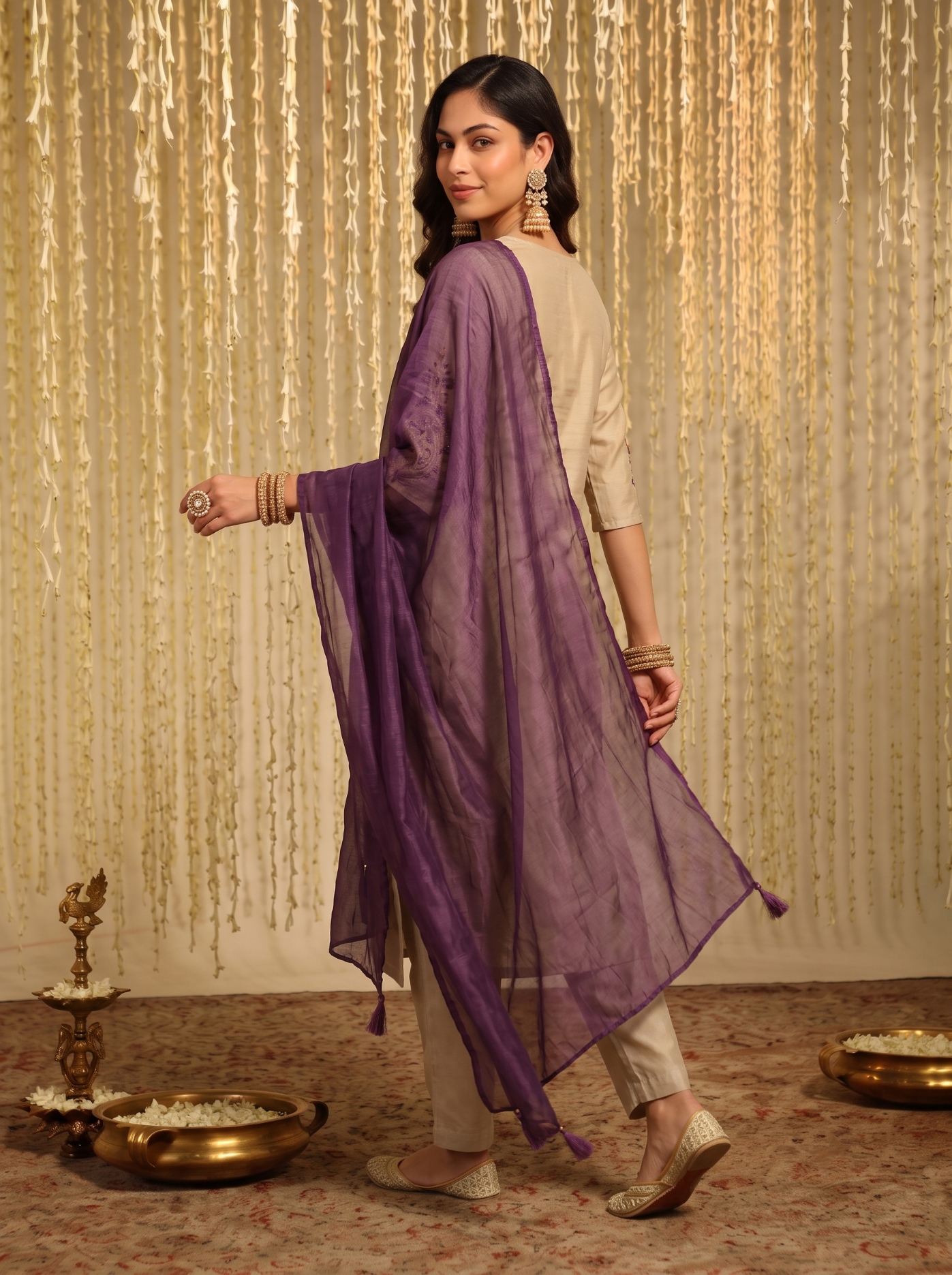 Beige Designer Embroidery Work Chanderi Straight Suit — alternate view