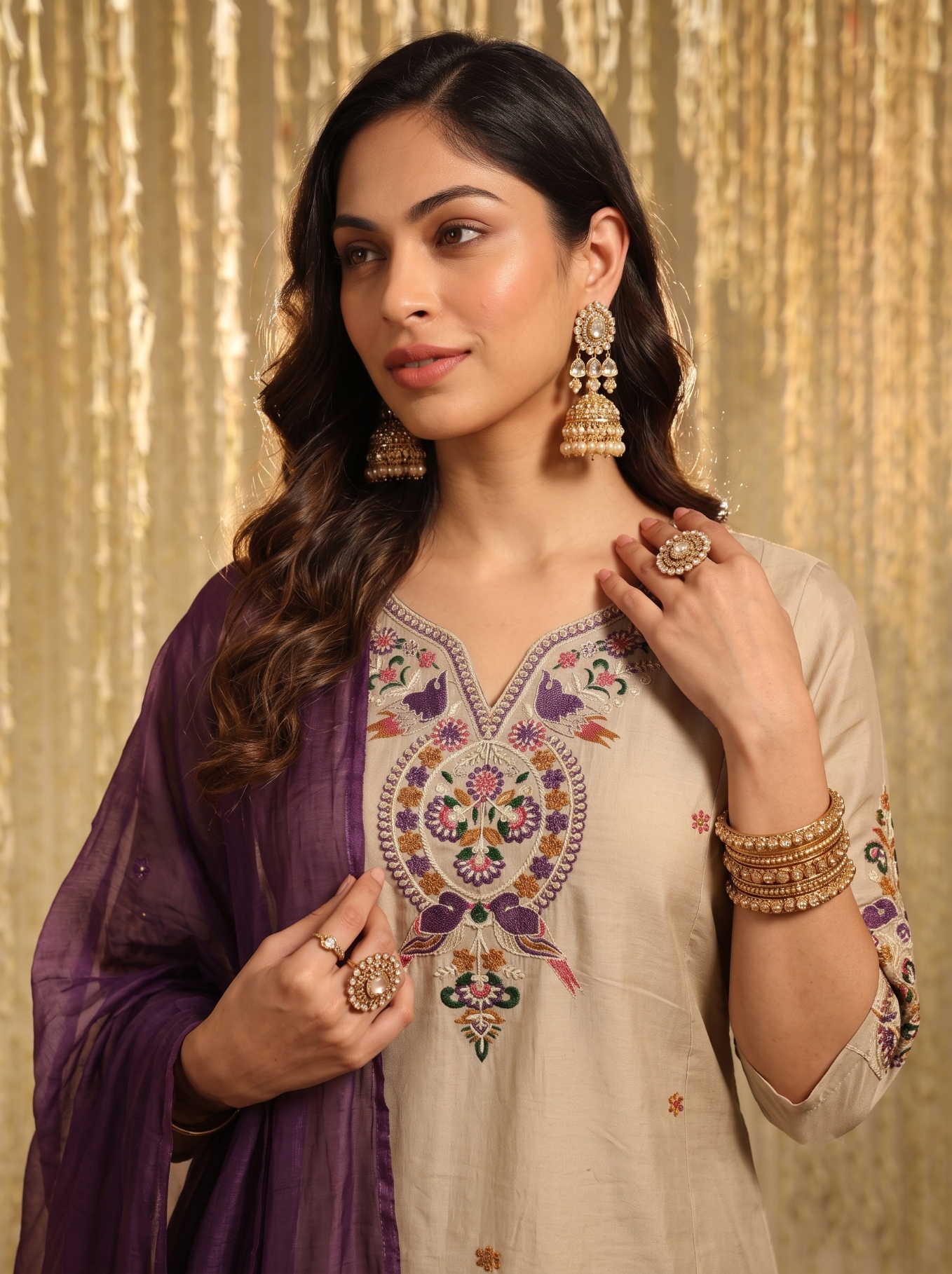 Beige Designer Embroidery Work Chanderi Straight Suit