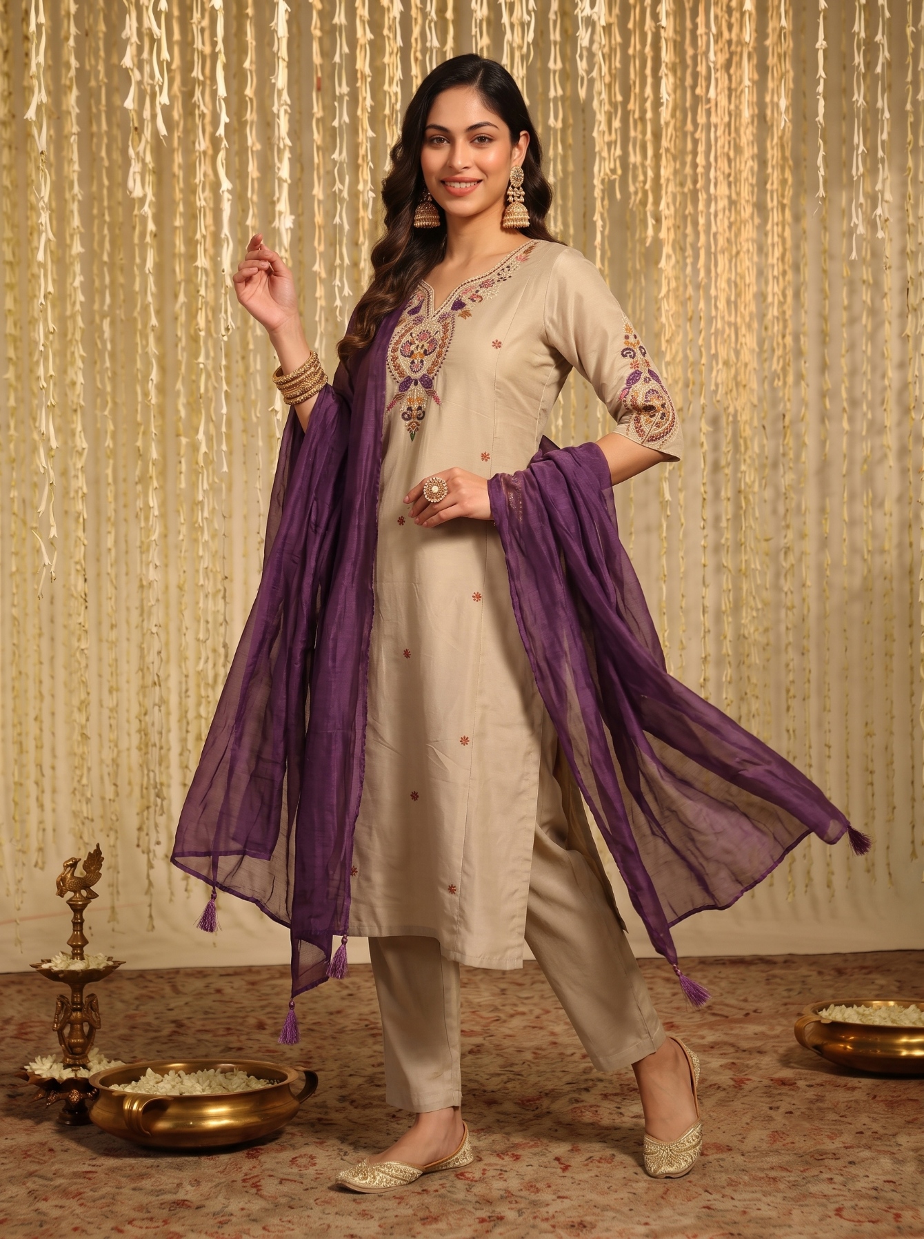 Beige Designer Embroidery Work Chanderi Straight Suit