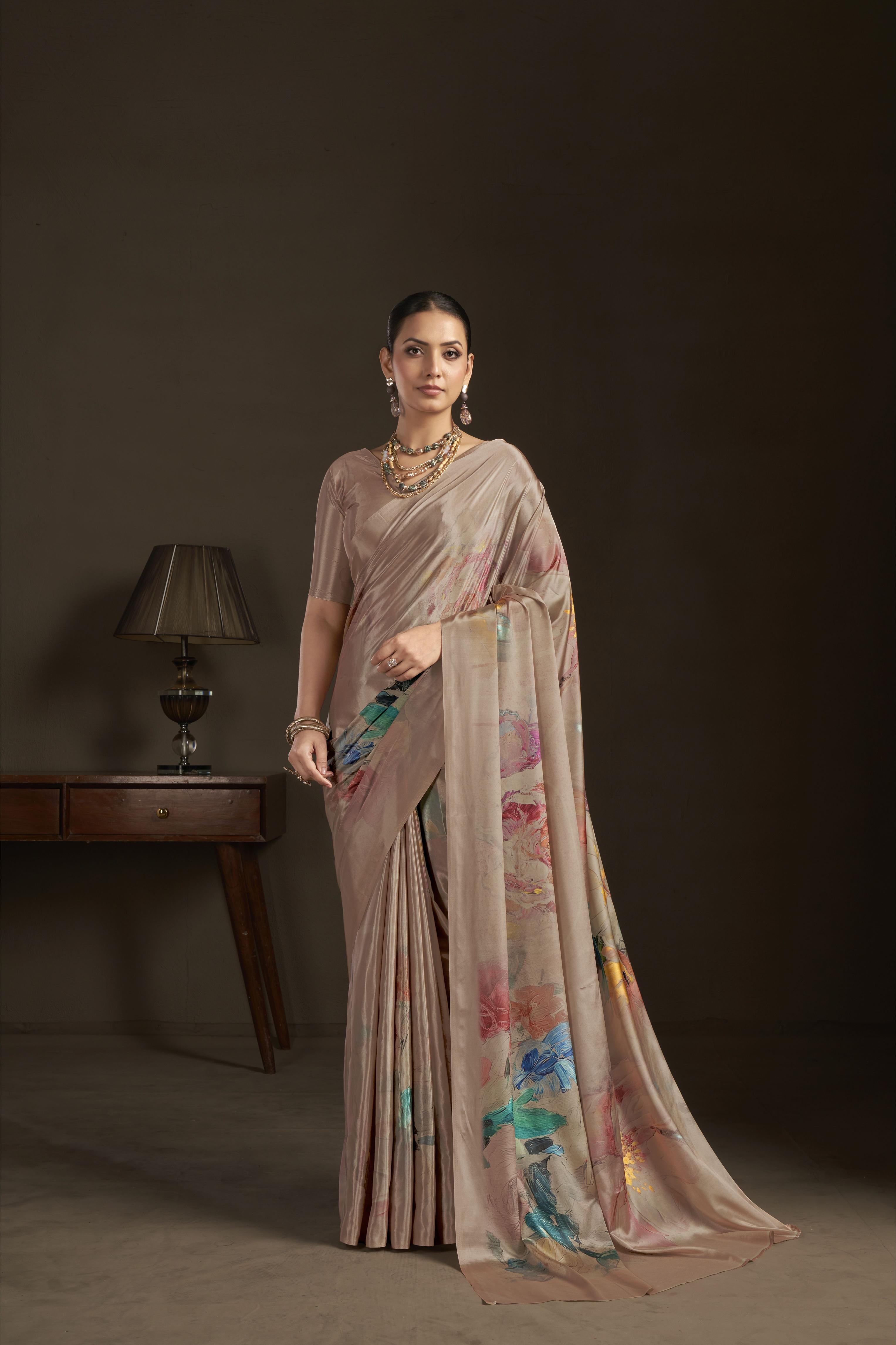 Beige Digital Printed Silk Crepe Ready-to-Wear Saree