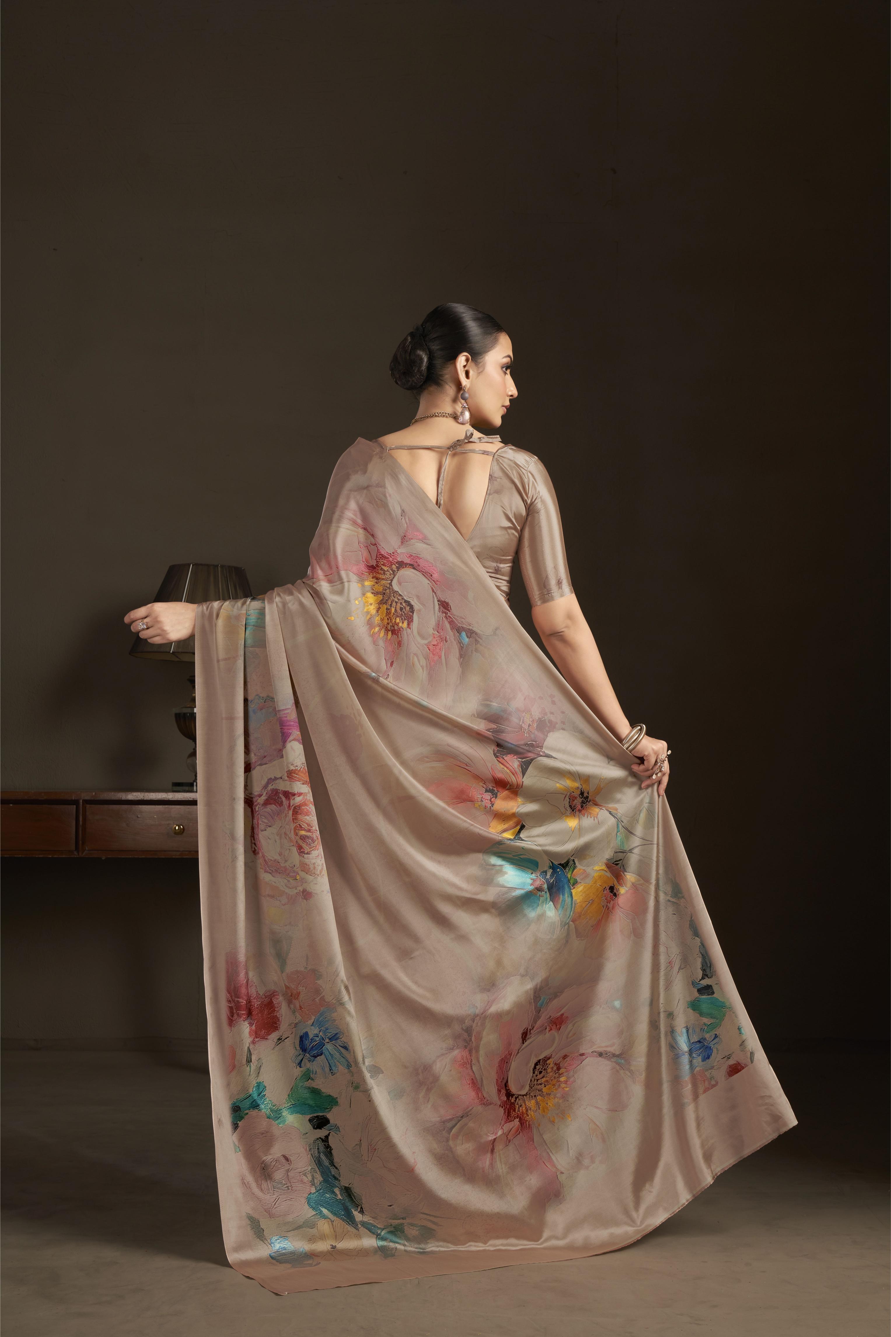 Beige Digital Printed Silk Crepe Ready-to-Wear Saree — alternate view
