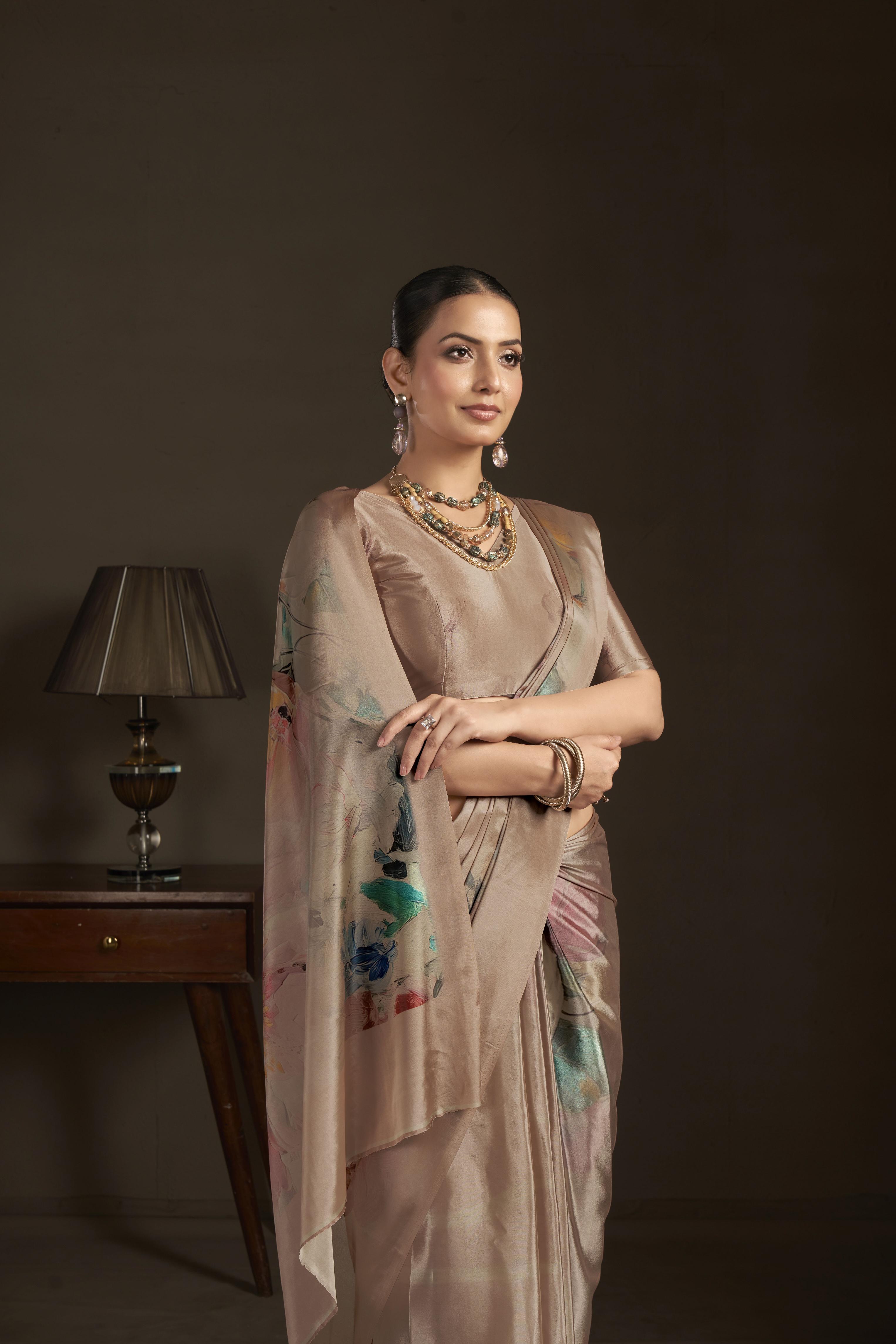 Beige Digital Printed Silk Crepe Ready-to-Wear Saree