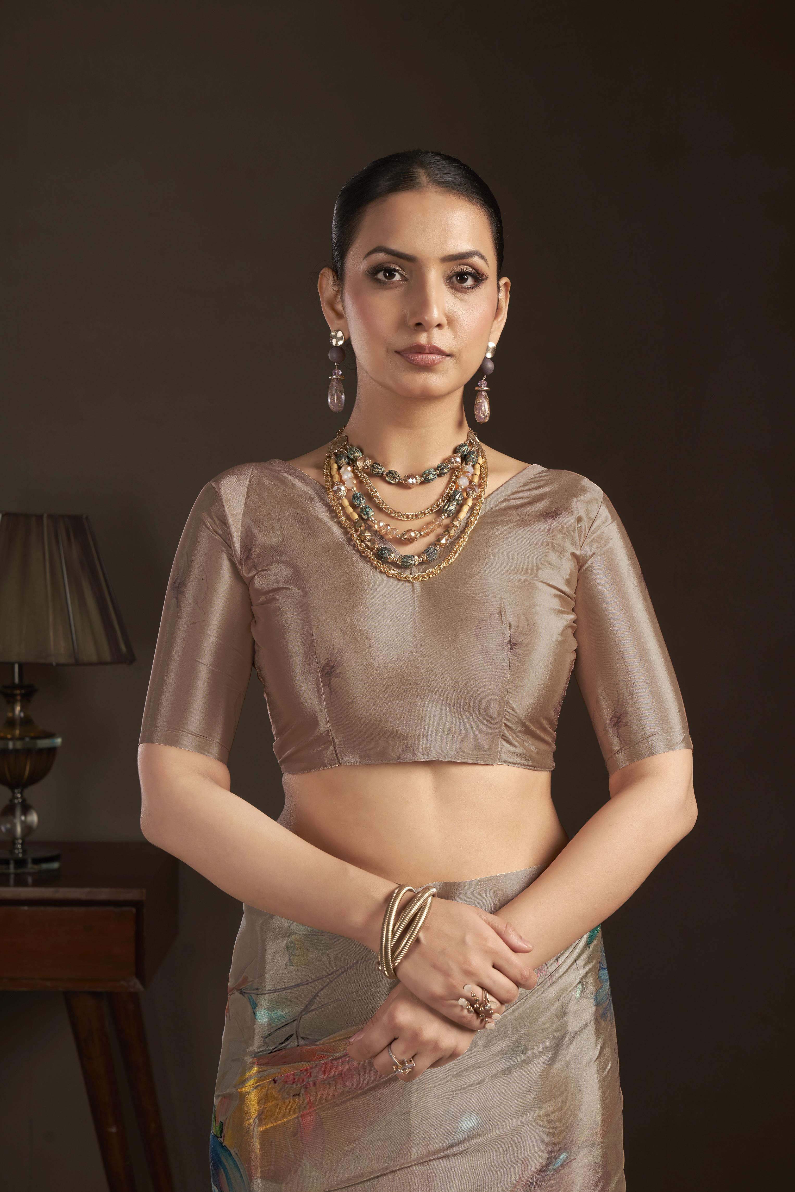 Beige Digital Printed Silk Crepe Ready-to-Wear Saree