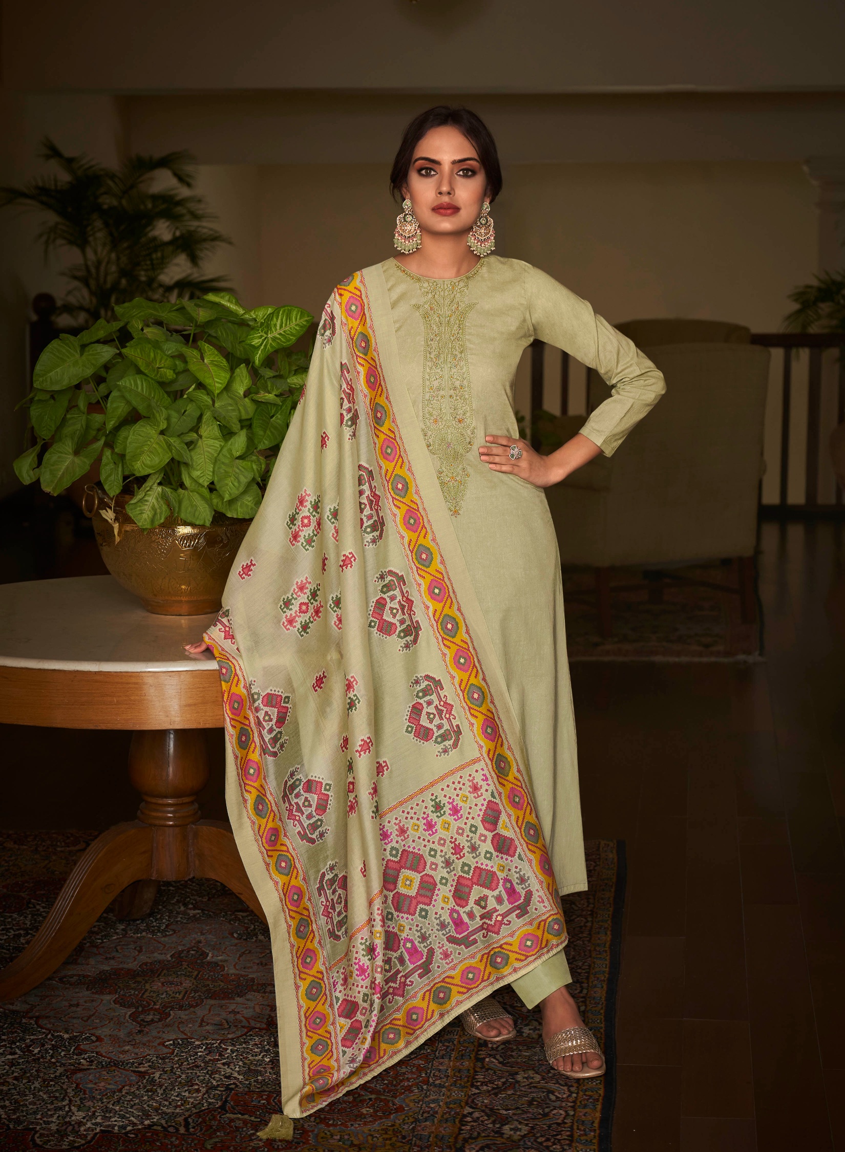 Beige Embroidered Cambric Cotton Straight Salwar Suit