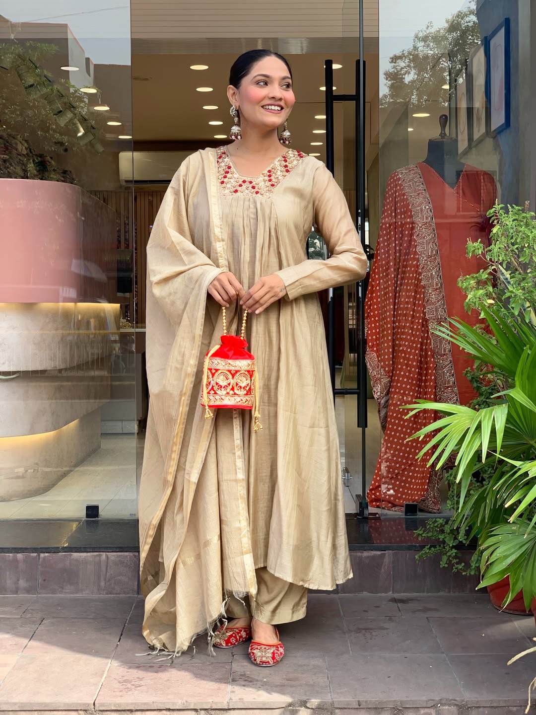 Beige Embroidered Chanderi Anarkali Kurta Set