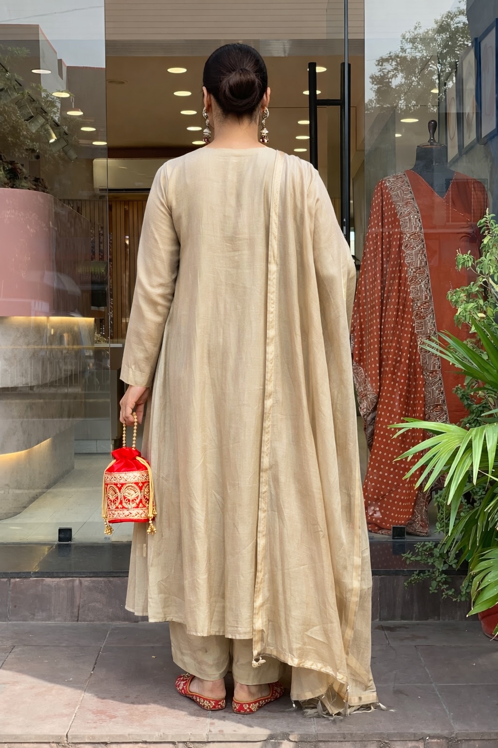 Beige Embroidered Chanderi Anarkali Kurta Set — alternate view