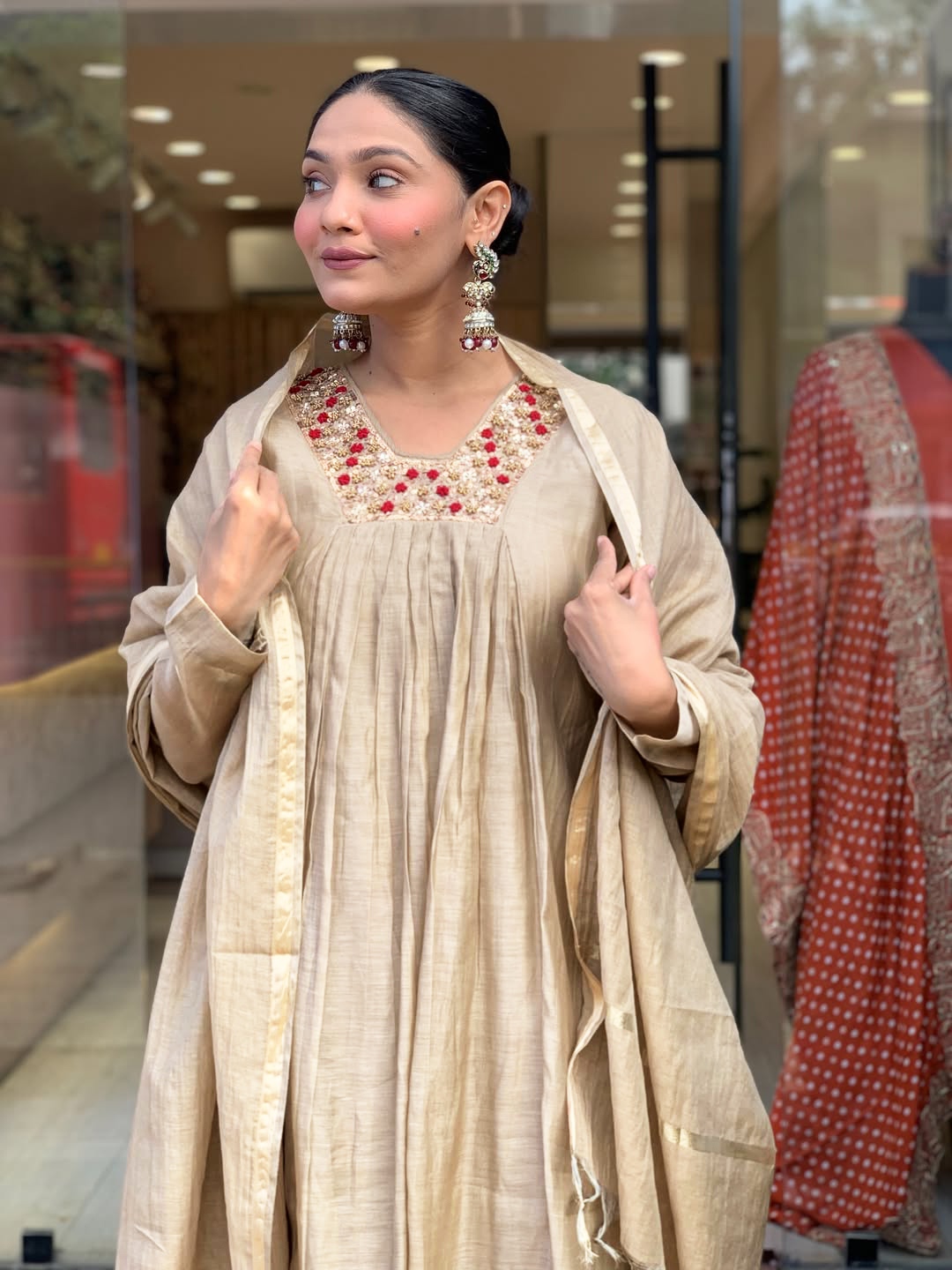 Beige Embroidered Chanderi Anarkali Kurta Set