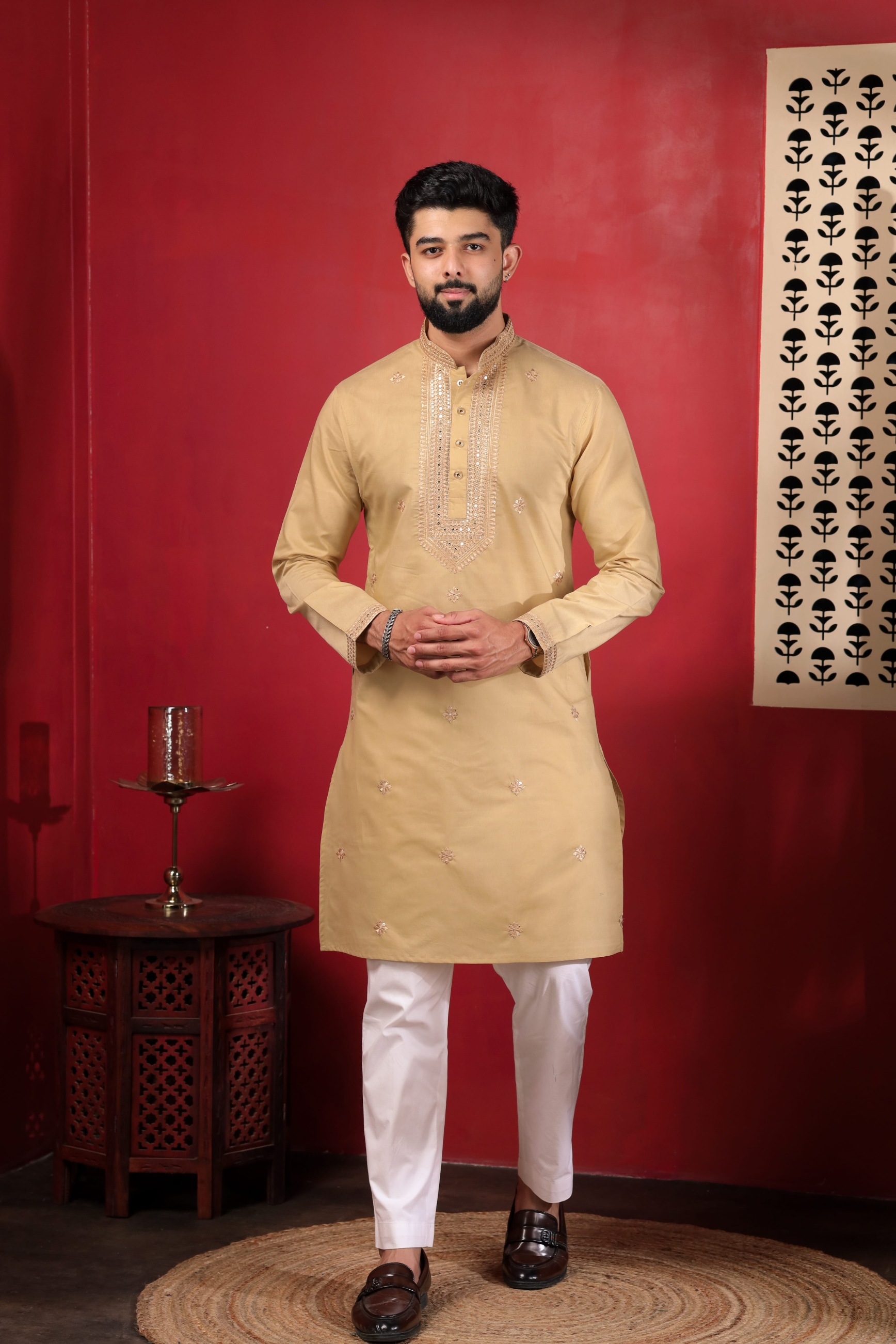 Beige Embroidered Cotton Kurta Pyjama