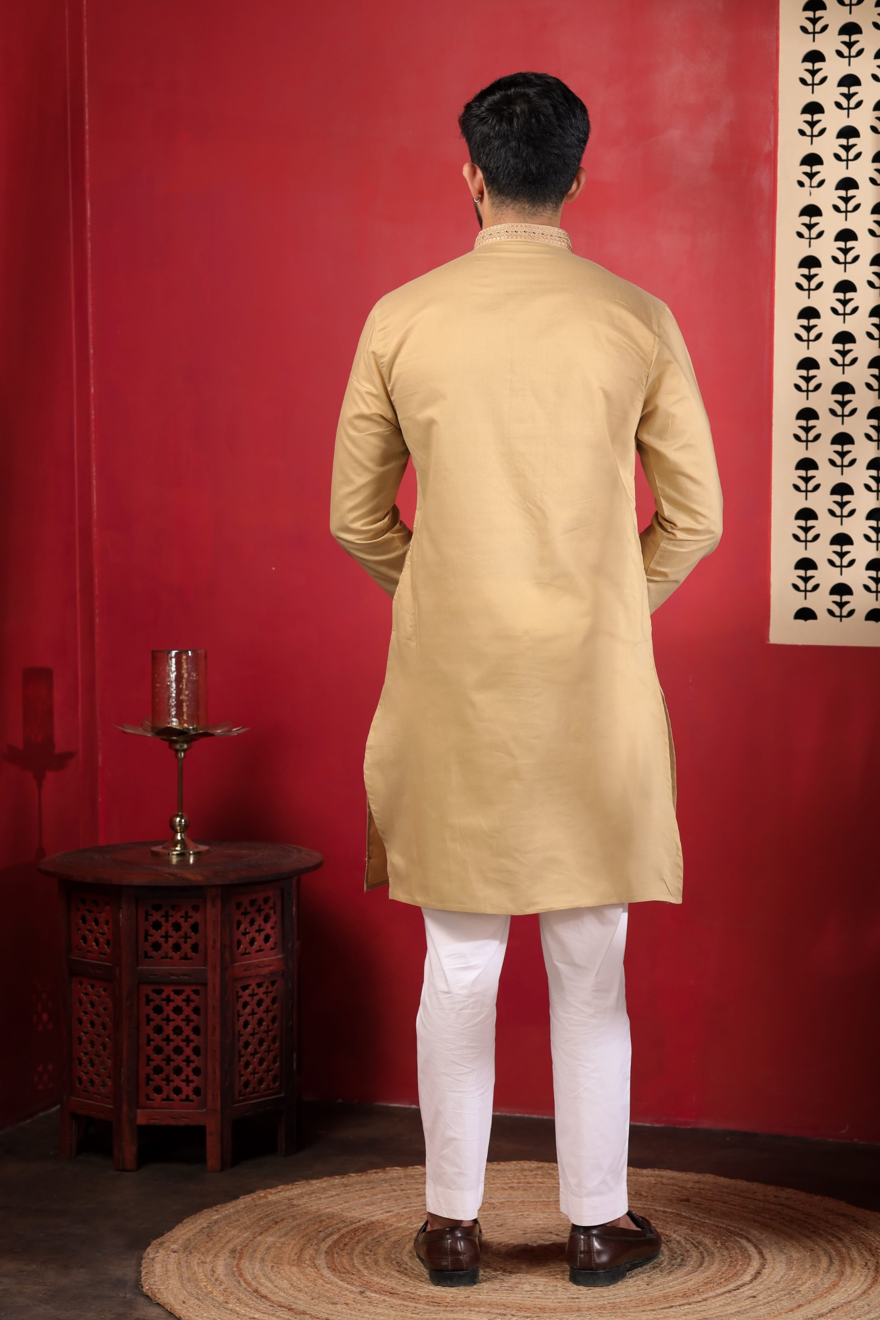 Beige Embroidered Cotton Kurta Pyjama — alternate view