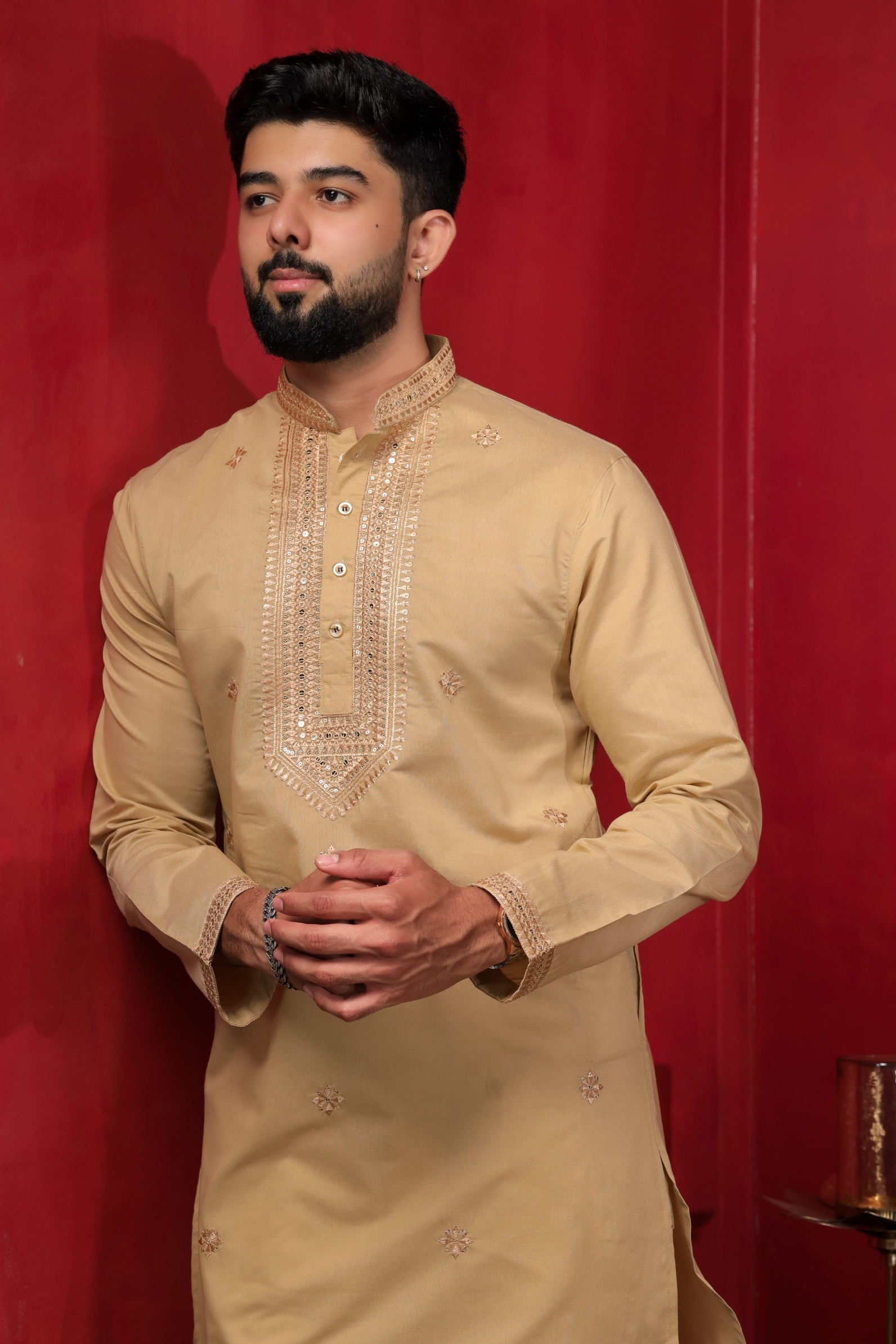 Beige Embroidered Cotton Kurta Pyjama