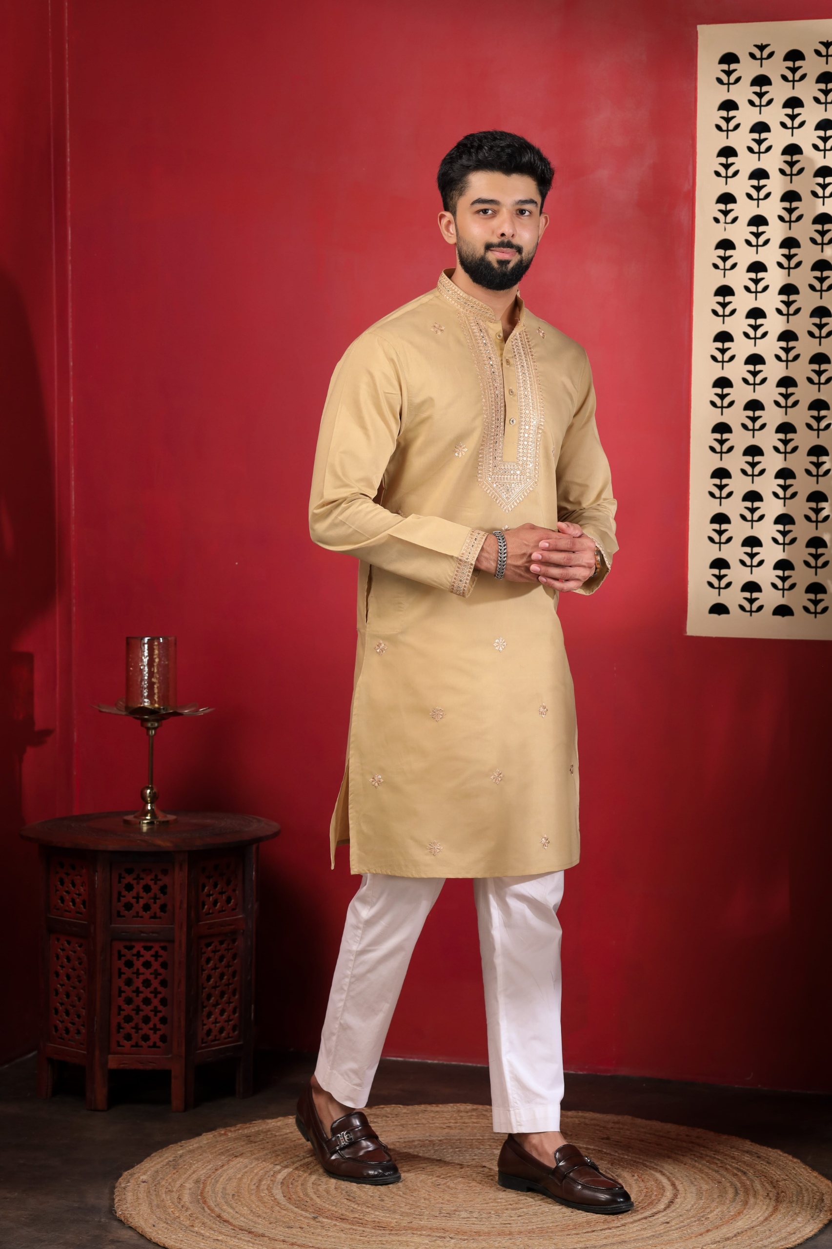 Beige Embroidered Cotton Kurta Pyjama