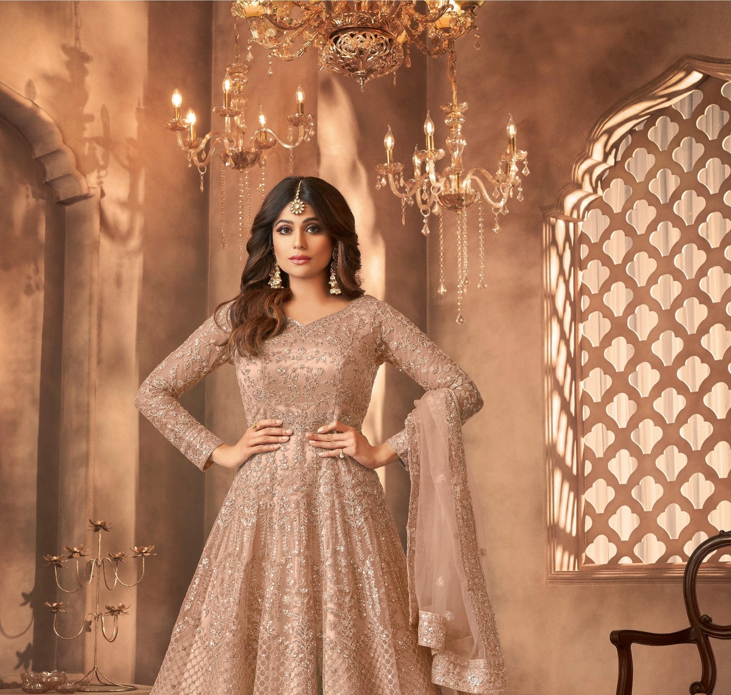 Beige Embroidered Net Anarkali Suit