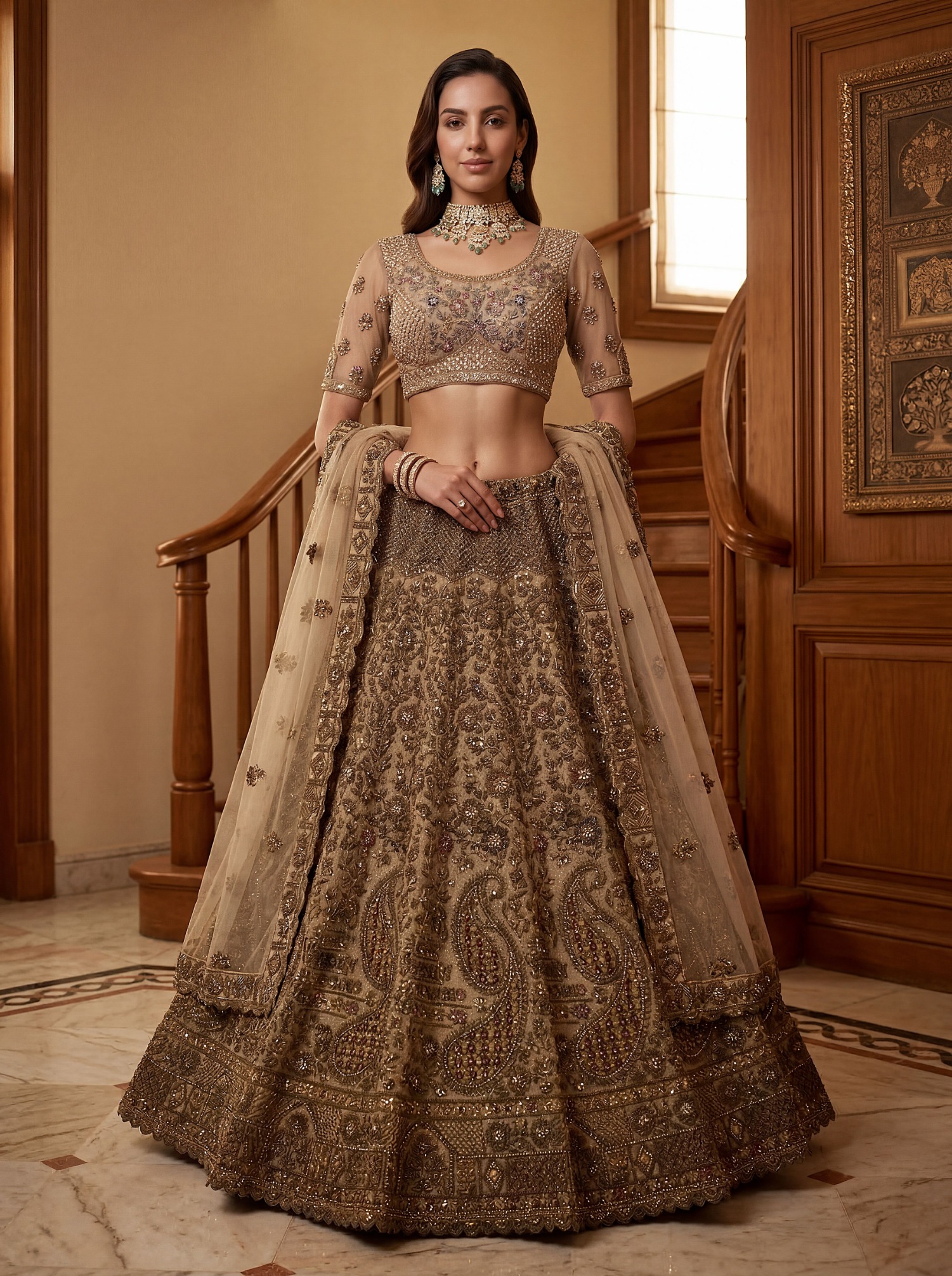 Beige Embroidered Net Lehenga Choli