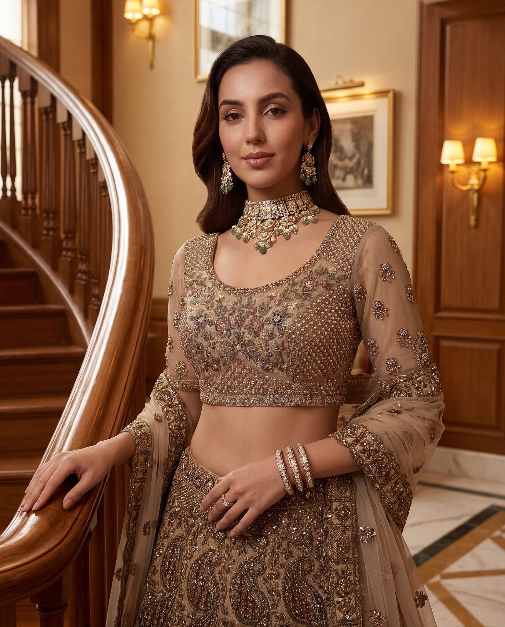 Beige Embroidered Net Lehenga Choli