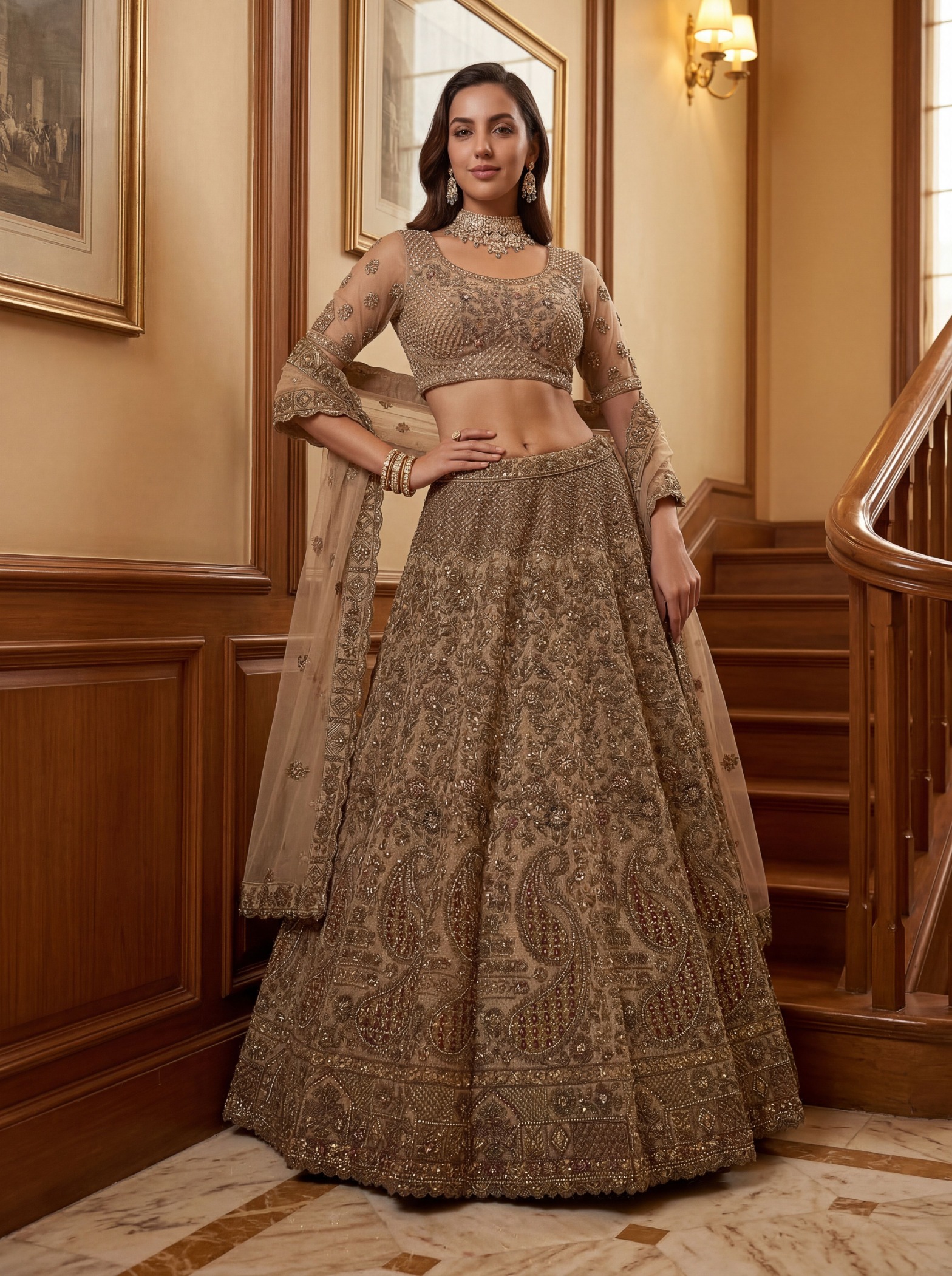 Beige Embroidered Net Lehenga Choli