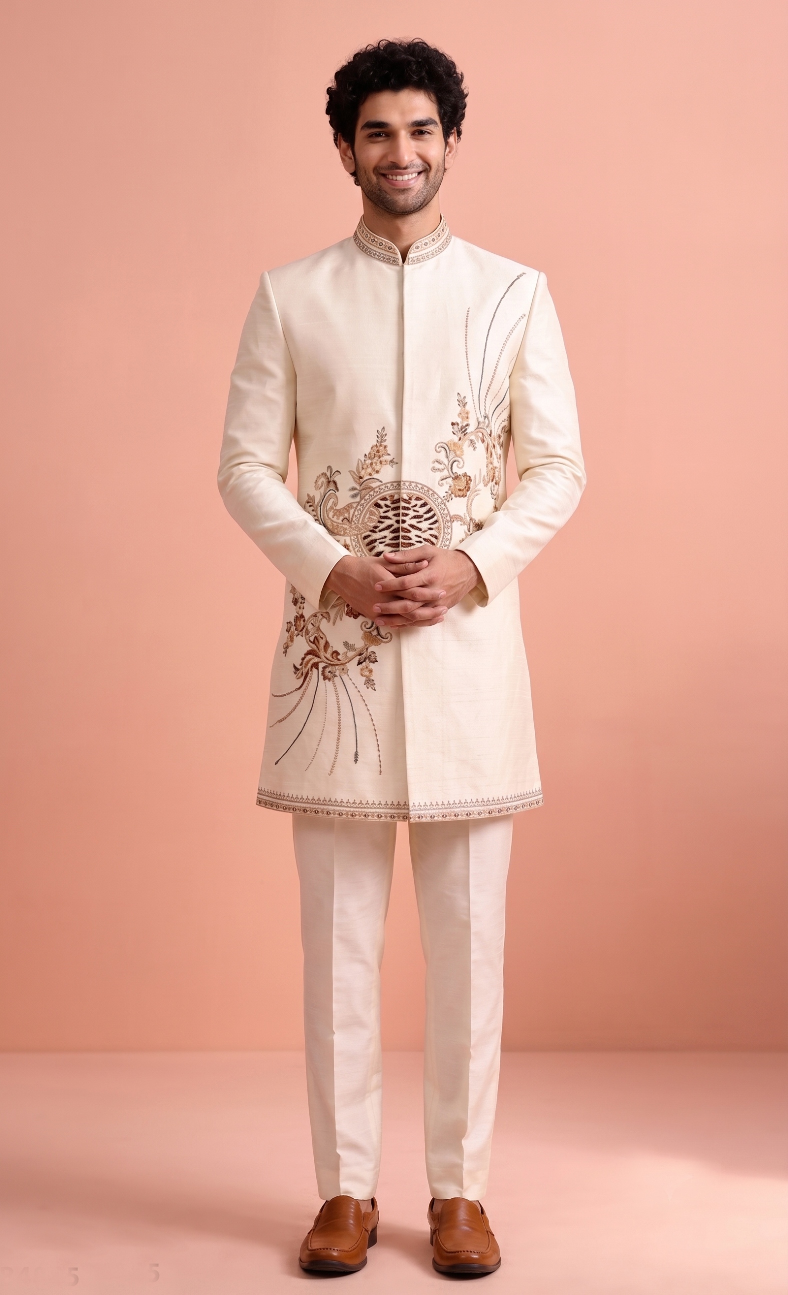Beige Embroidered Satin Indo-Western Sherwani
