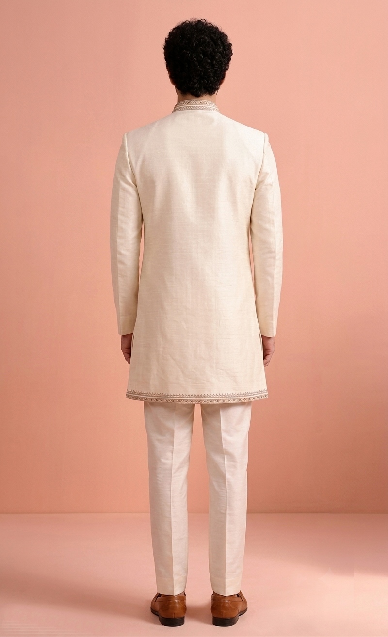 Beige Embroidered Satin Indo-Western Sherwani — alternate view