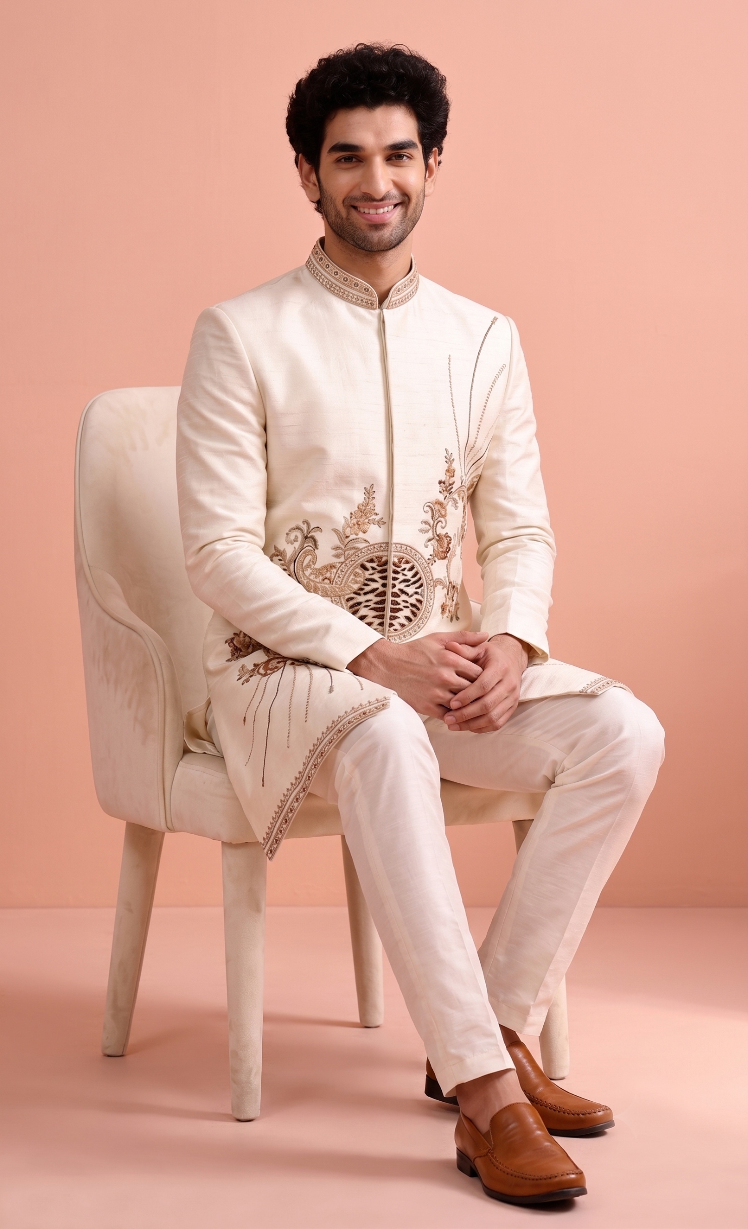 Beige Embroidered Satin Indo-Western Sherwani