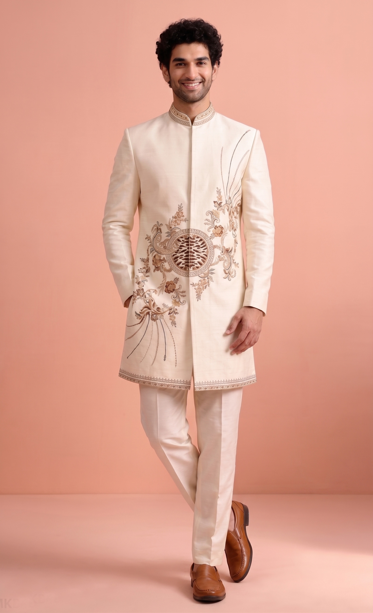 Beige Embroidered Satin Indo-Western Sherwani