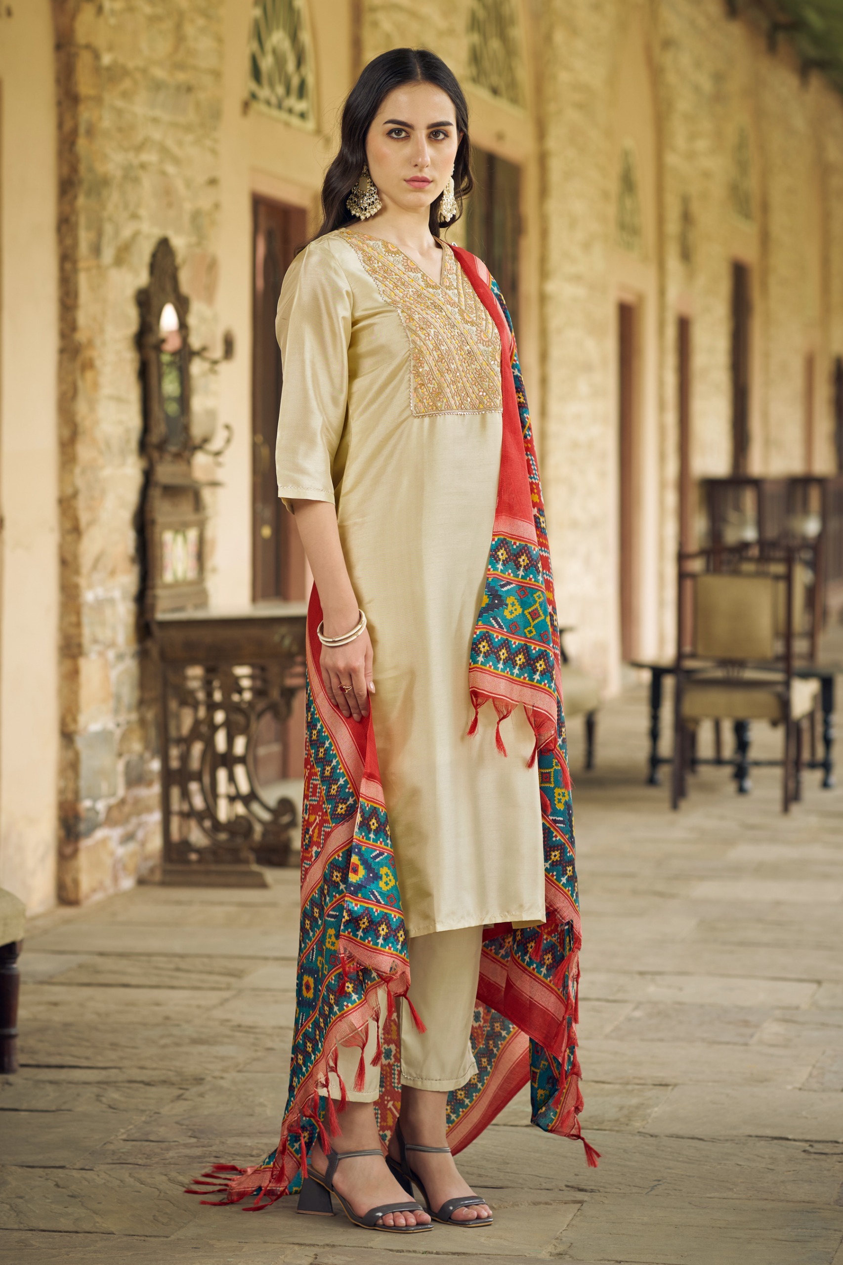 Beige Embroidered Silk Blend Readymade Suit — alternate view