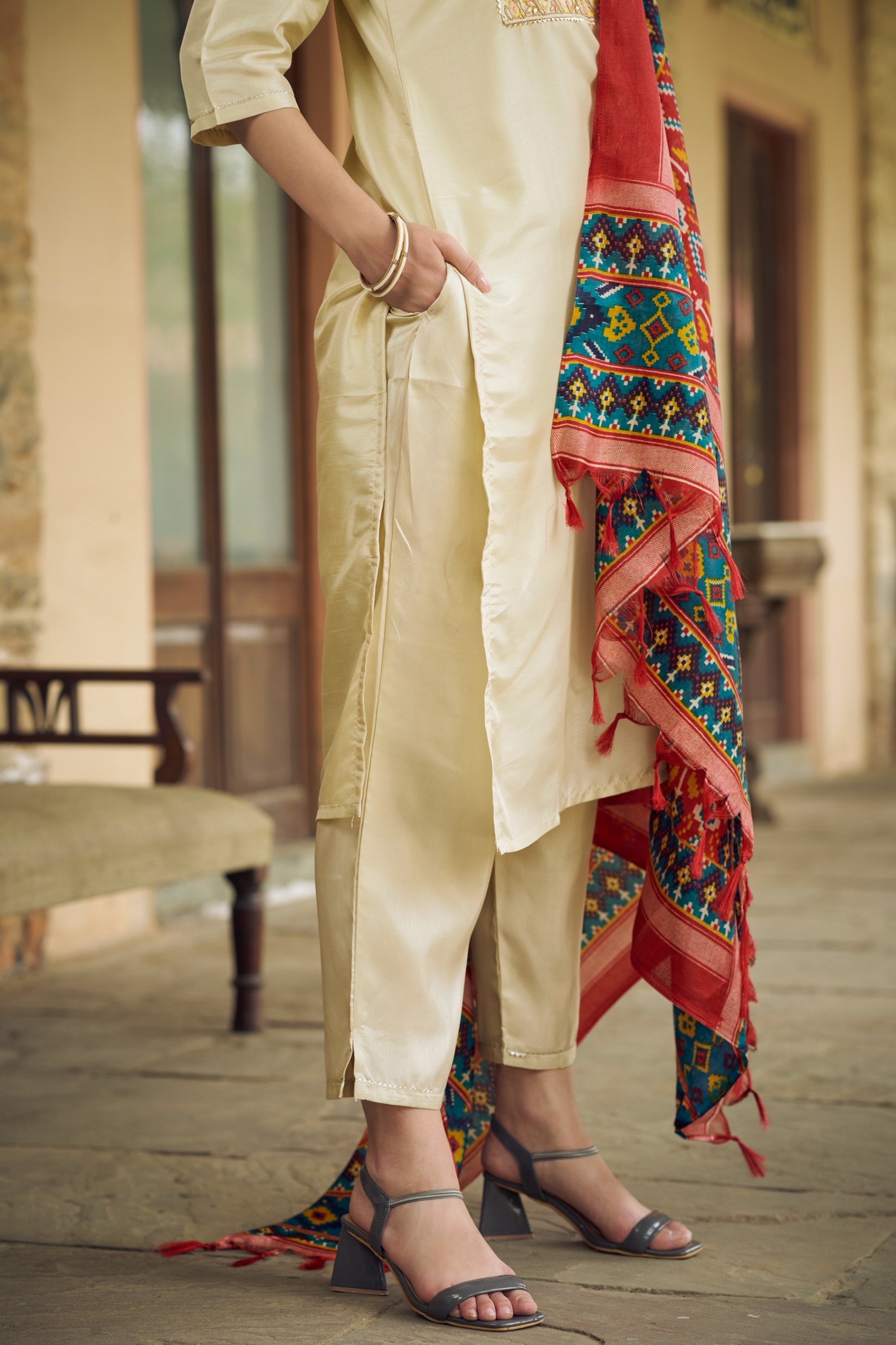 Beige Embroidered Silk Blend Readymade Suit