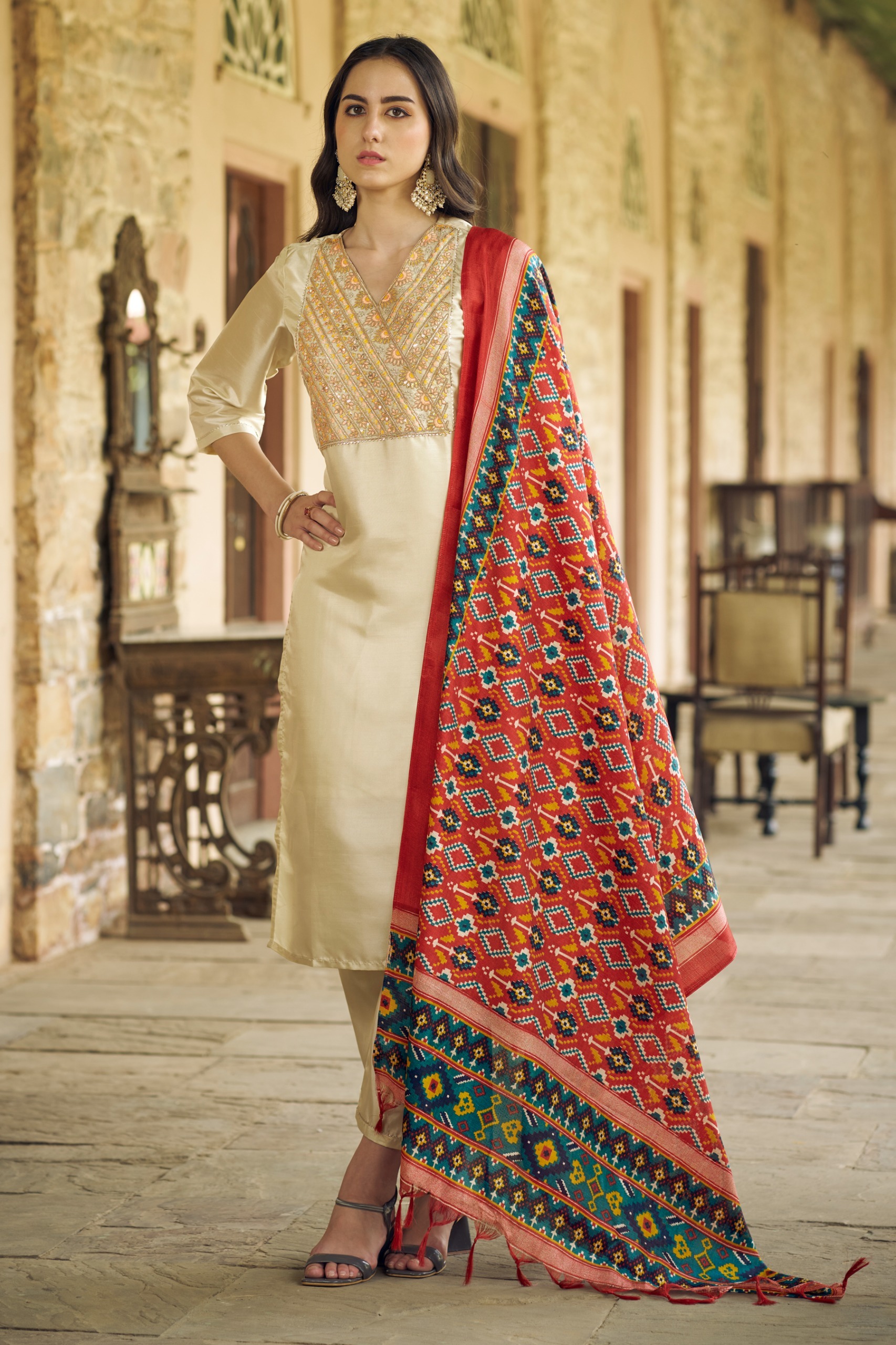 Beige Embroidered Silk Blend Readymade Suit