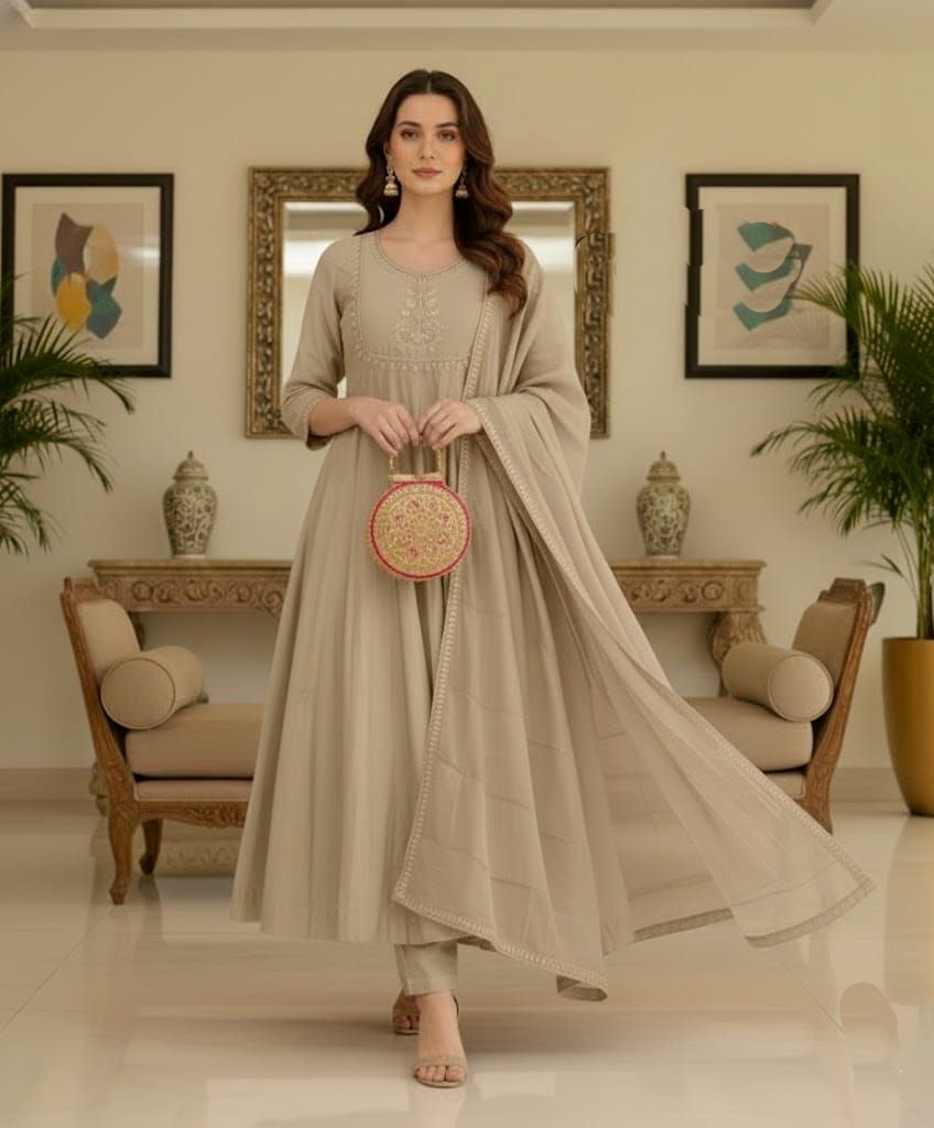 Beige Embroidered Vichitra Silk Anarkali Suit