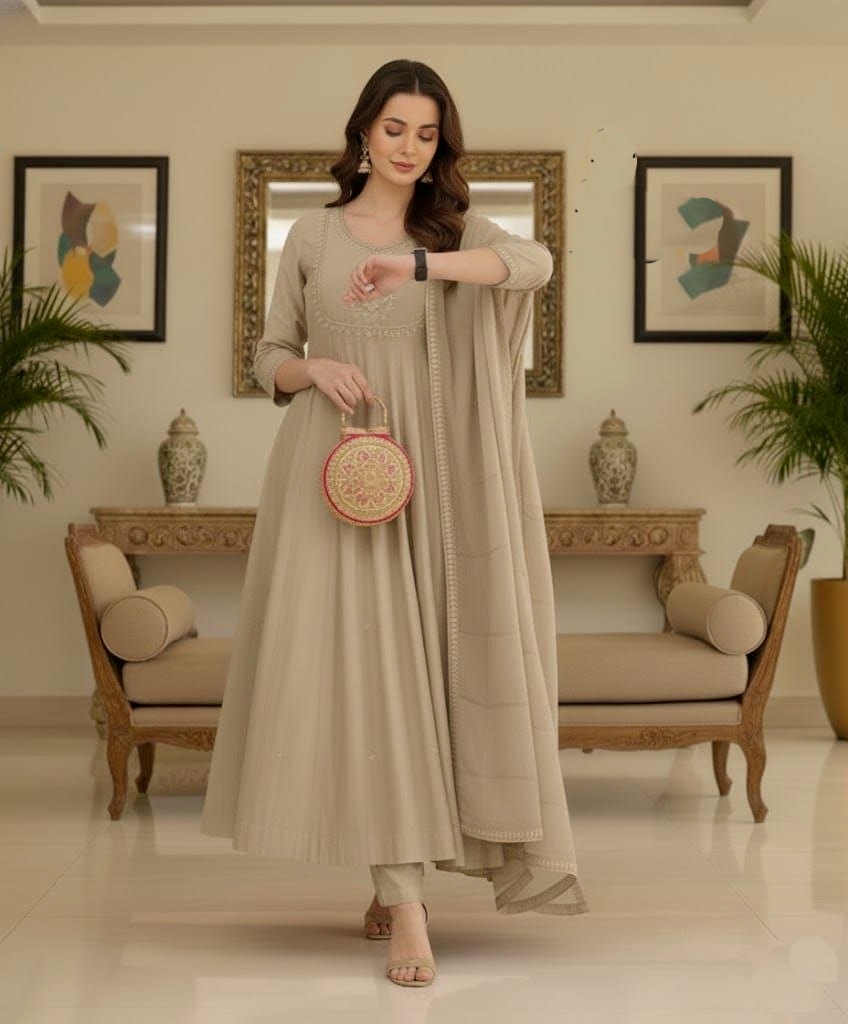 Beige Embroidered Vichitra Silk Anarkali Suit — alternate view