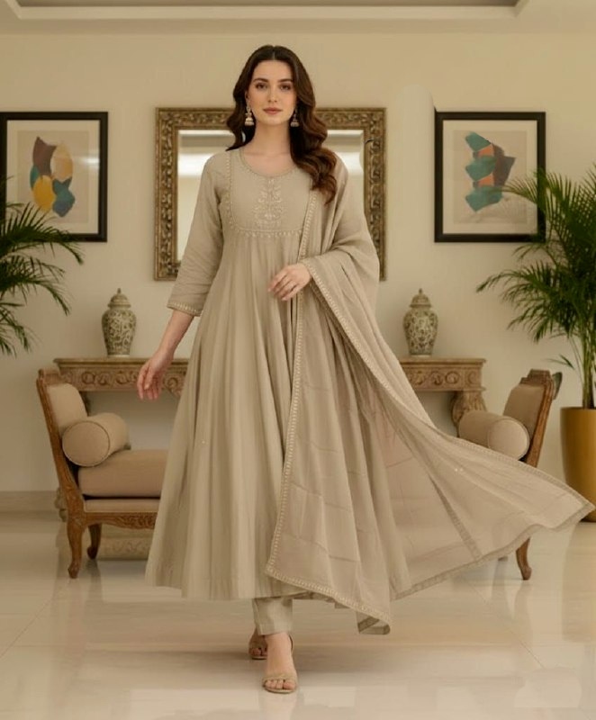 Beige Embroidered Vichitra Silk Anarkali Suit