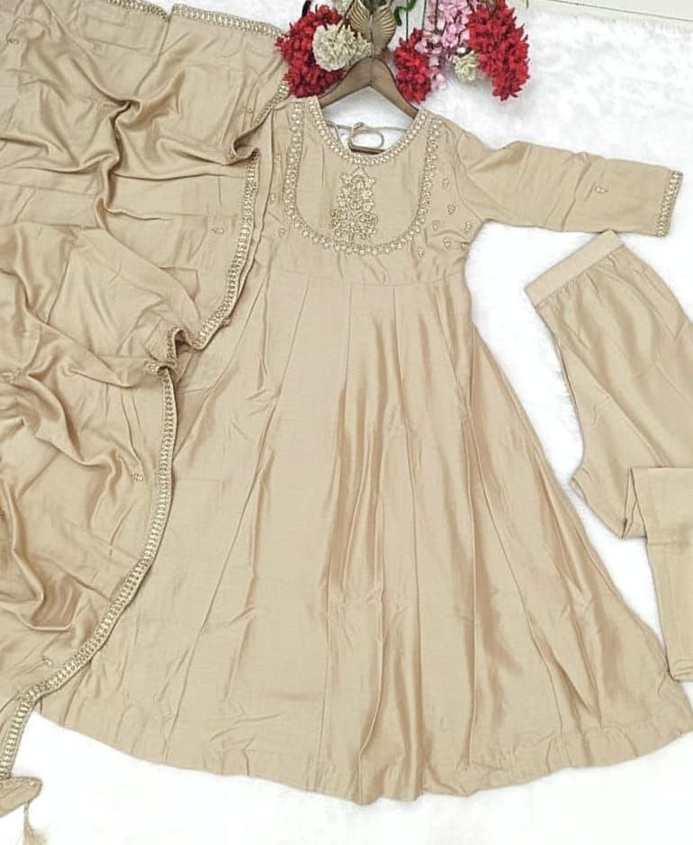 Beige Embroidered Vichitra Silk Anarkali Suit